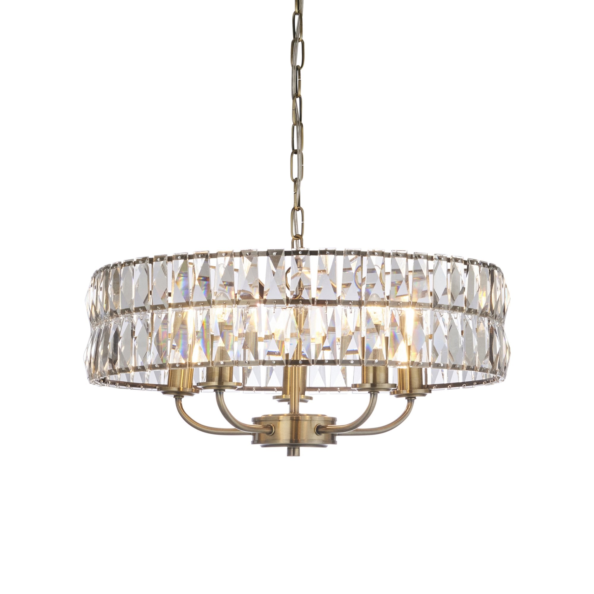 Endon Clifton 5 Light Pendant - Antique Brass Plate & Clear Crystal Glass