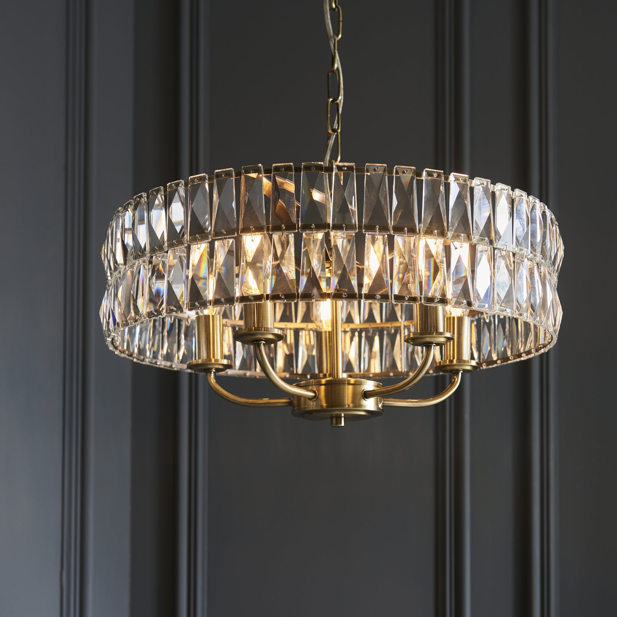 Endon Clifton 5 Light Pendant - Antique Brass Plate & Clear Crystal Glass