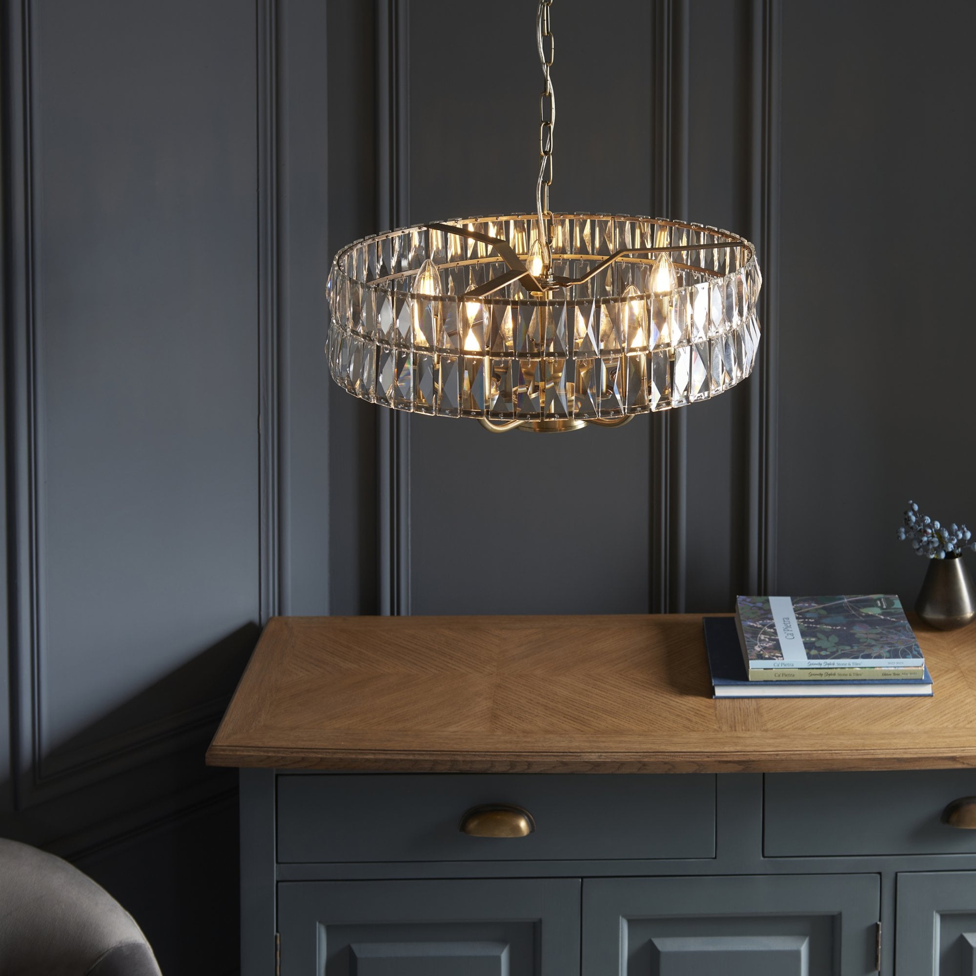 Endon Clifton 5 Light Pendant - Antique Brass Plate & Clear Crystal Glass