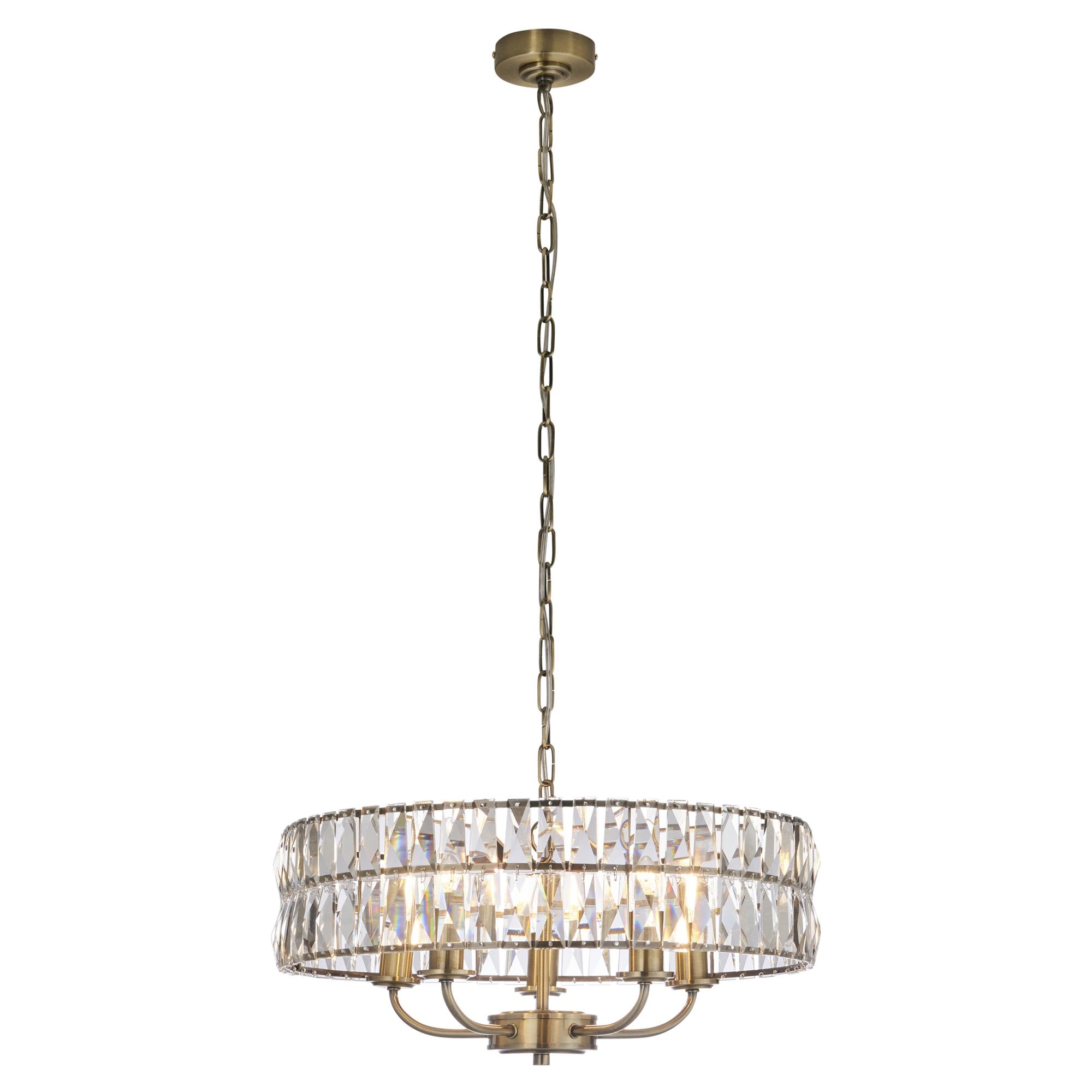 Endon Clifton 5 Light Pendant - Antique Brass Plate & Clear Crystal Glass