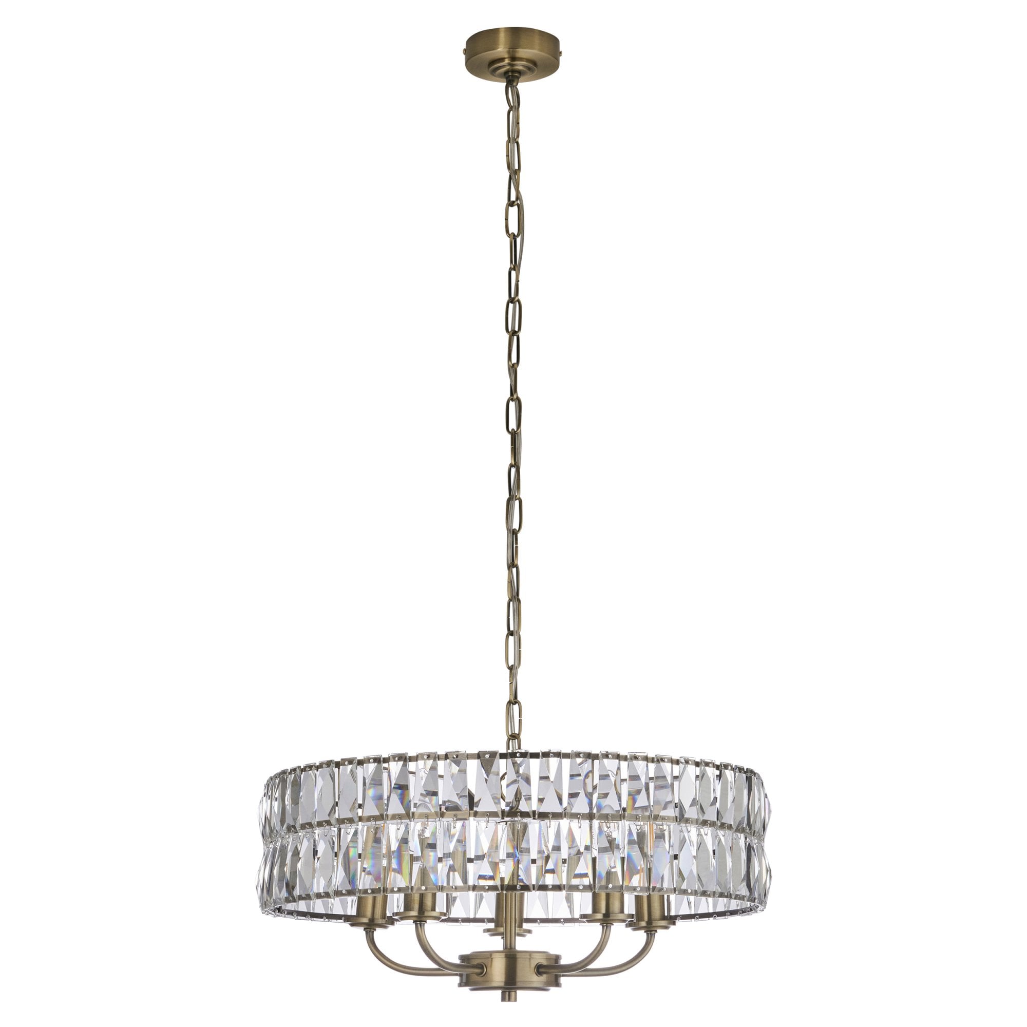 Endon Clifton 5 Light Pendant - Antique Brass Plate & Clear Crystal Glass