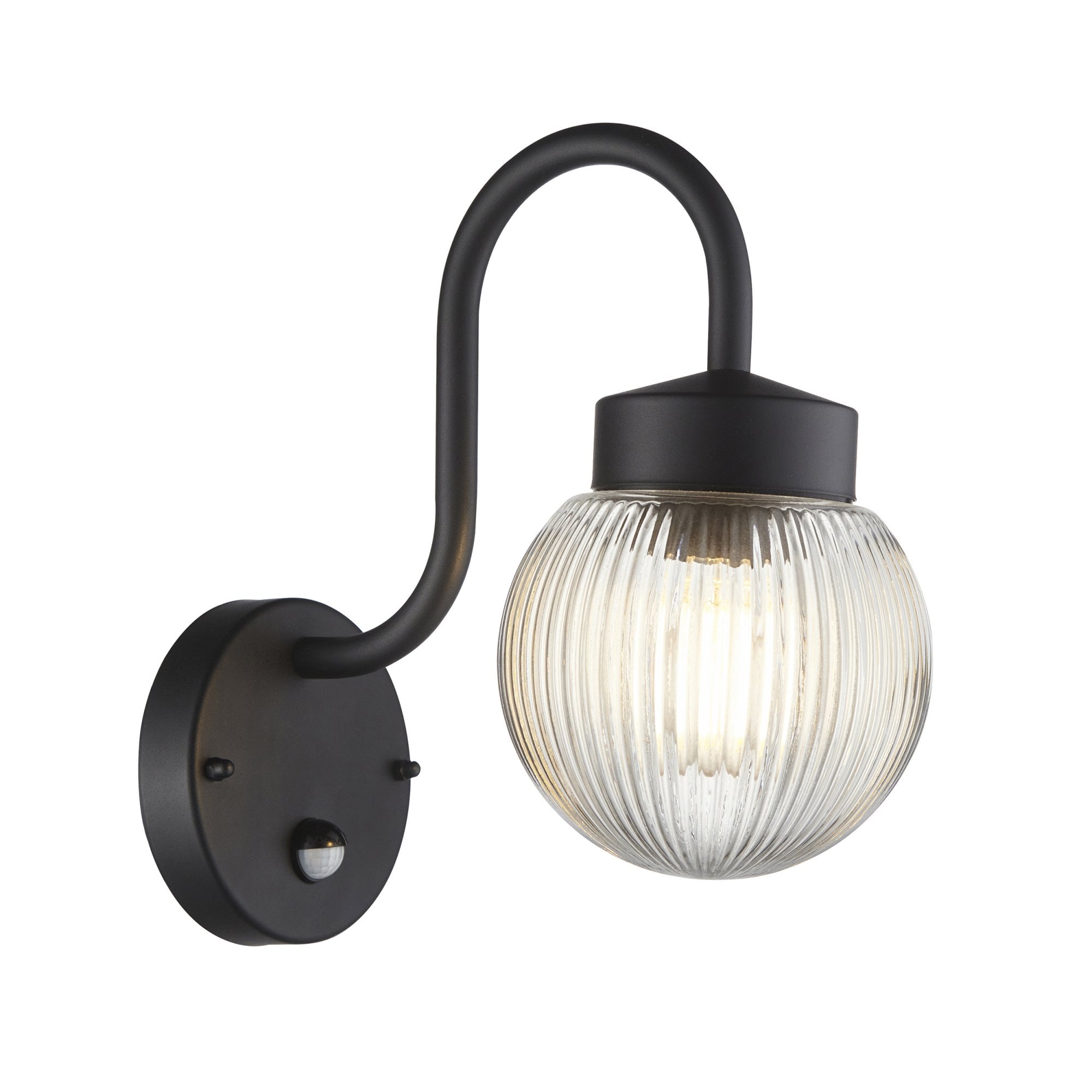 Endon Eldon Single Wall Light with PIR - Textured Black & Clear Ribbed Glass