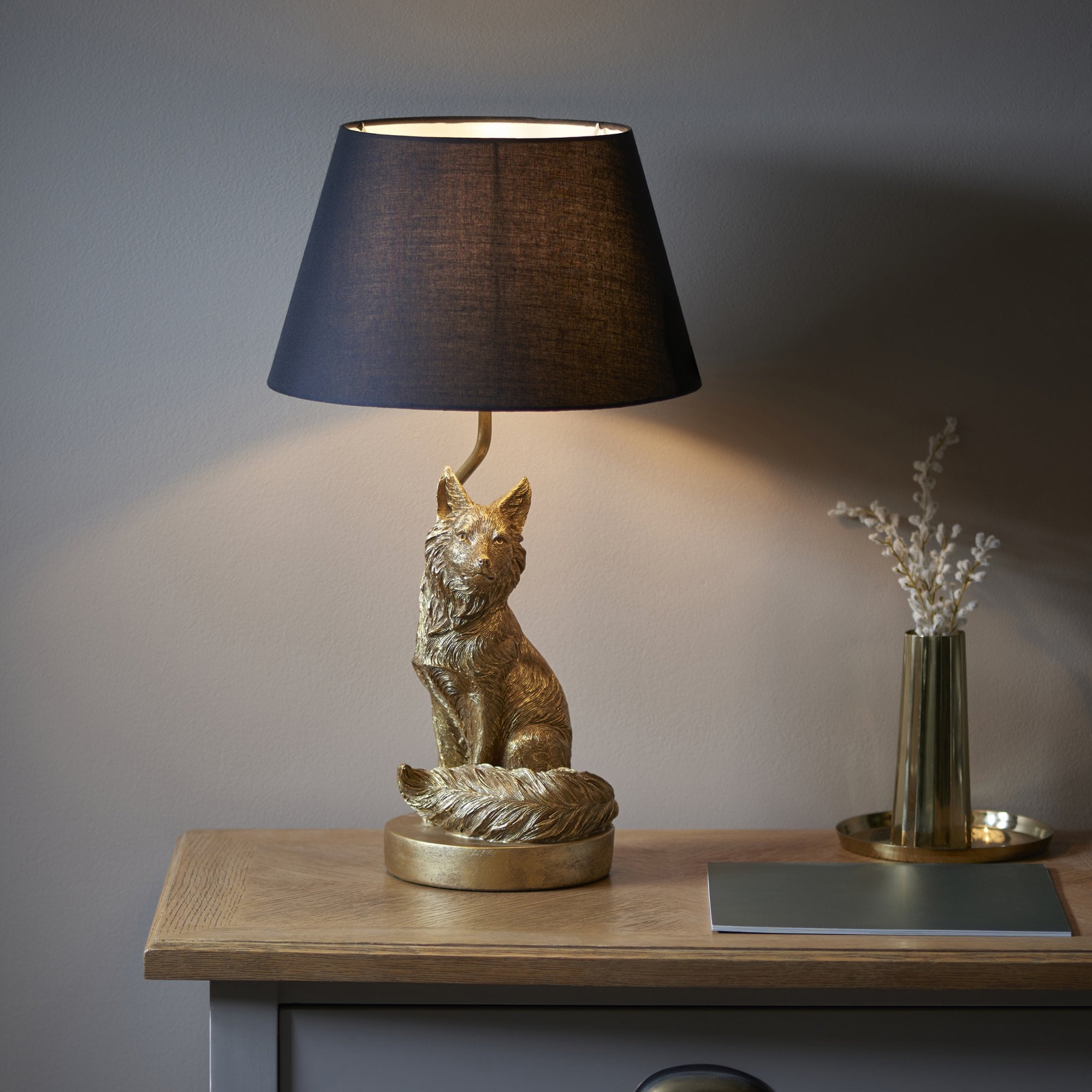 Endon Fox Single Table Light - Vintage Gold Paint & Black Fabric