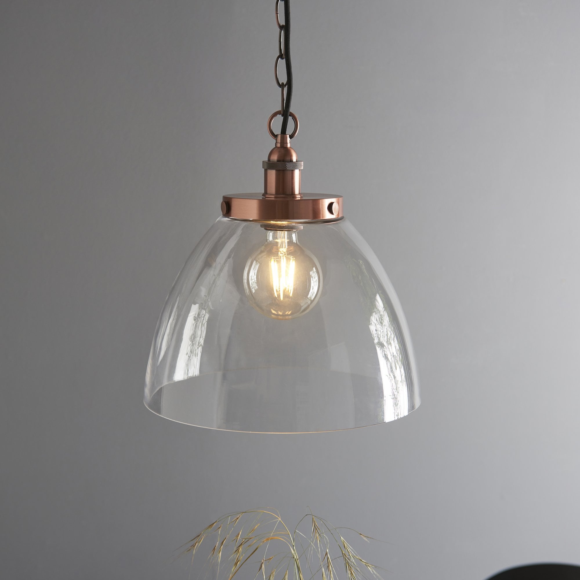 Endon Hansen Grand Single Pendant - Aged Copper Plate & Clear Glass