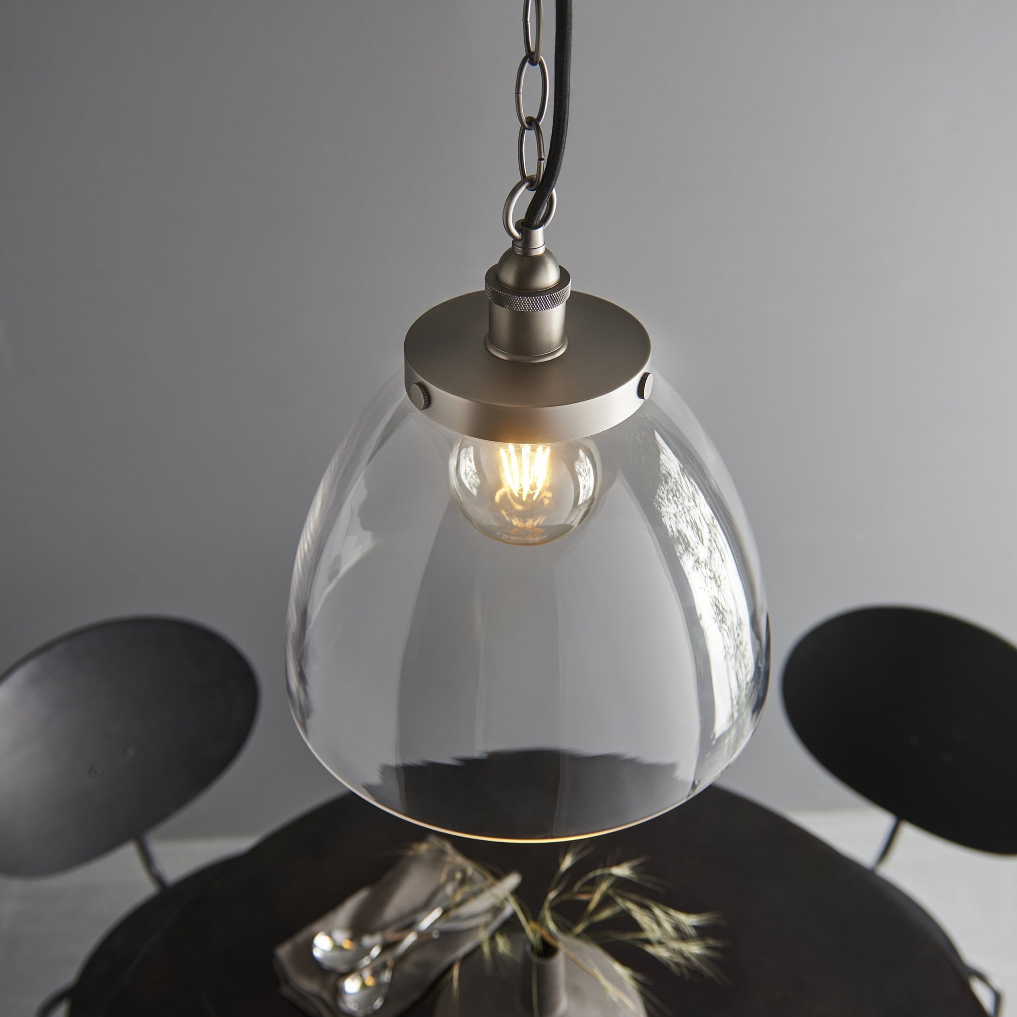 Endon Hansen Grand Single Pendant - Brushed Silver Paint & Clear Glass