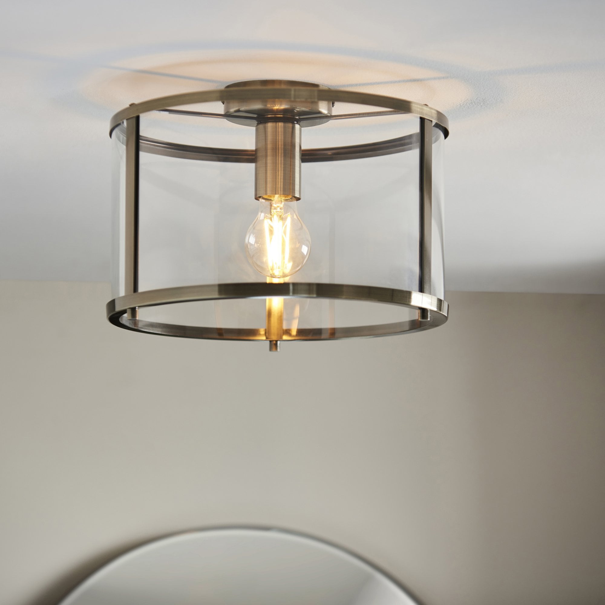 Endon Hopton Single Flush Fitting - Antique Brass Plate & Clear Glass