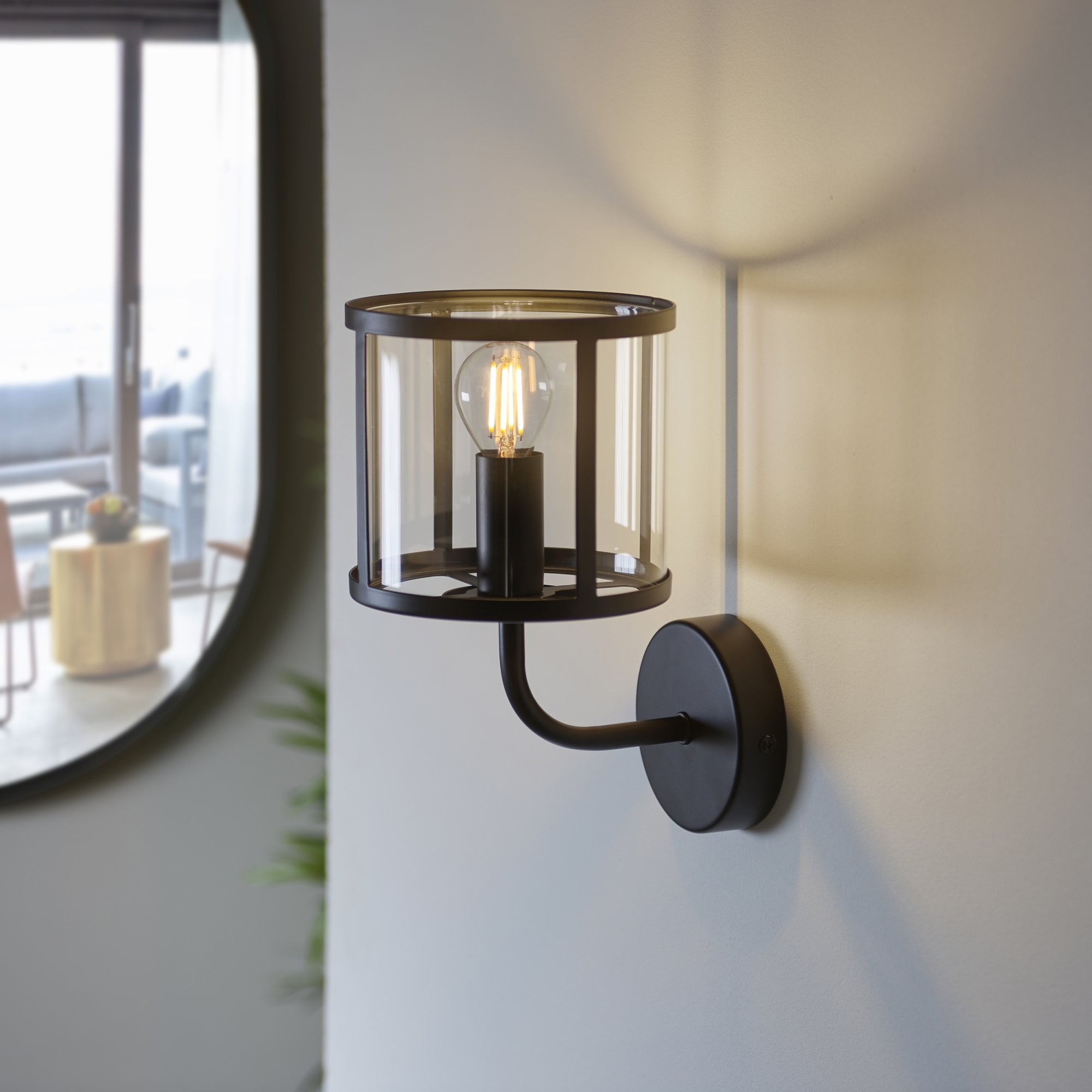 Endon Hopton Single Wall Light - Matt Black & Clear Glass