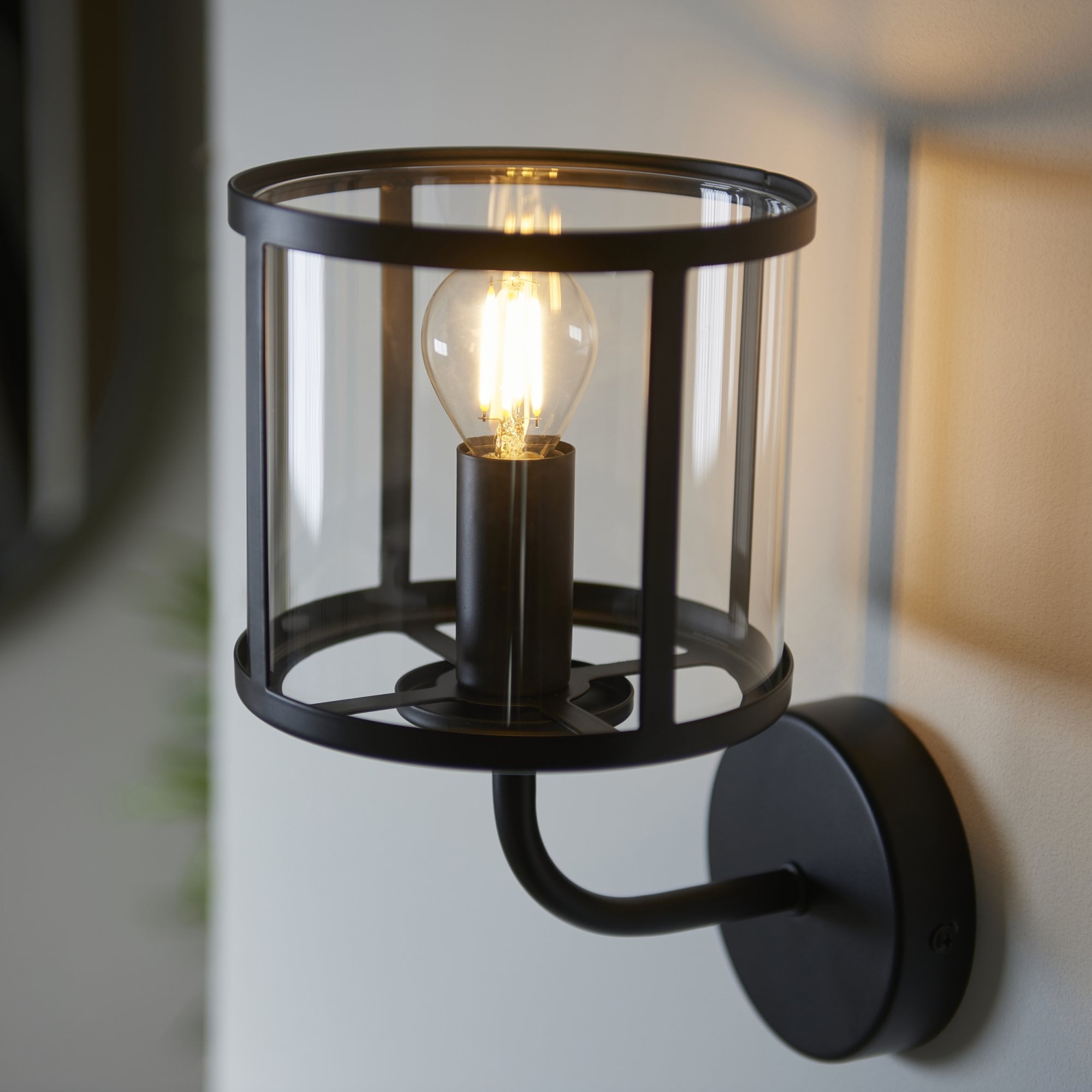 Endon Hopton Single Wall Light - Matt Black & Clear Glass