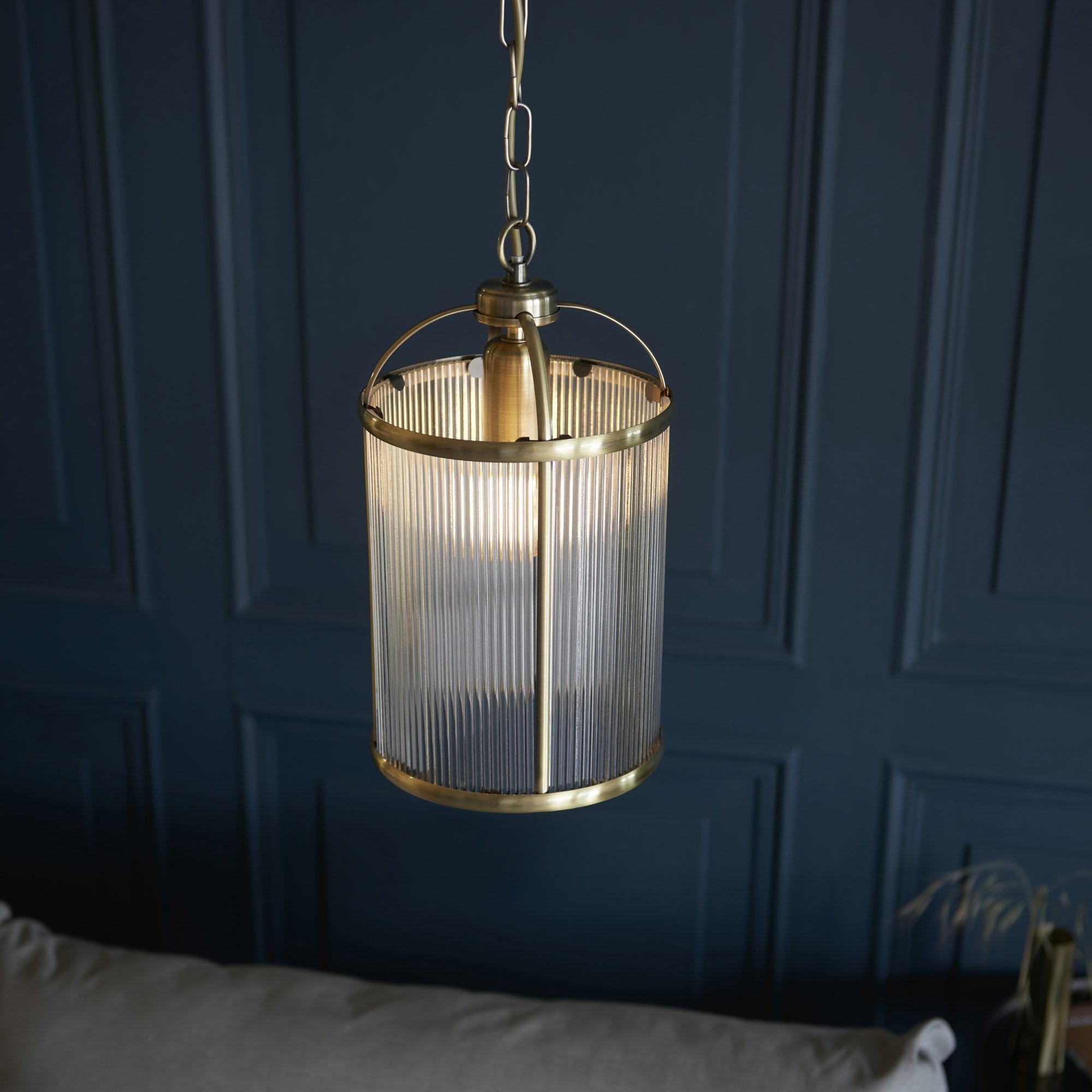 Endon Lambeth Ribbed Single Pendant - Antique Brass Plate & Clear Ribbed Glass
