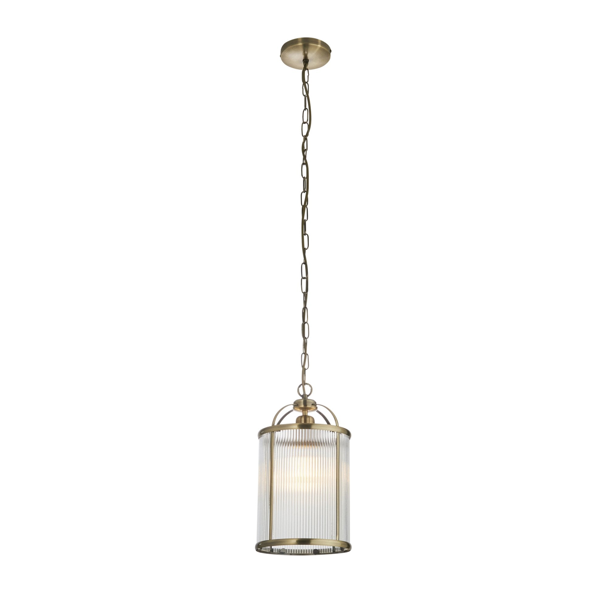 Endon Lambeth Ribbed Single Pendant - Antique Brass Plate & Clear Ribbed Glass