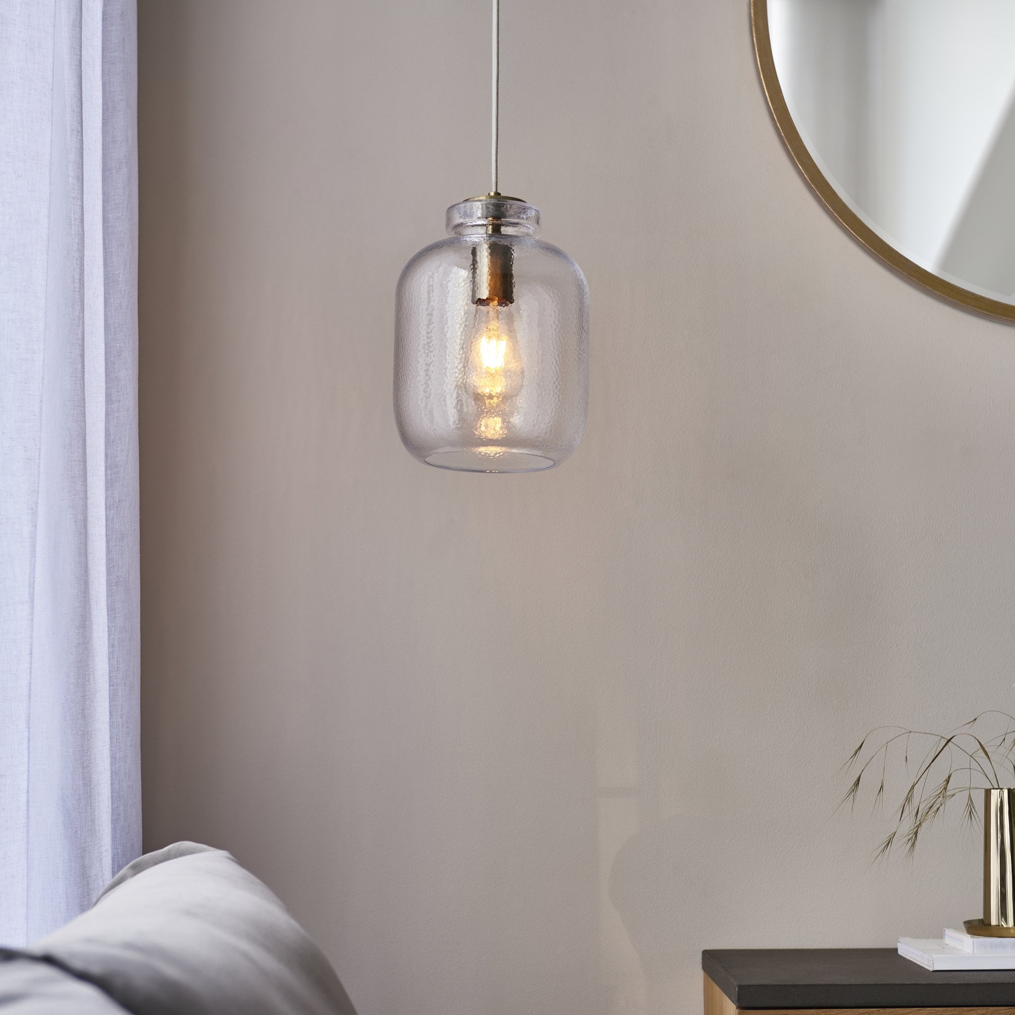 Endon Lyra Single Pendant - Clear textured Glass & Antique Brass Plate