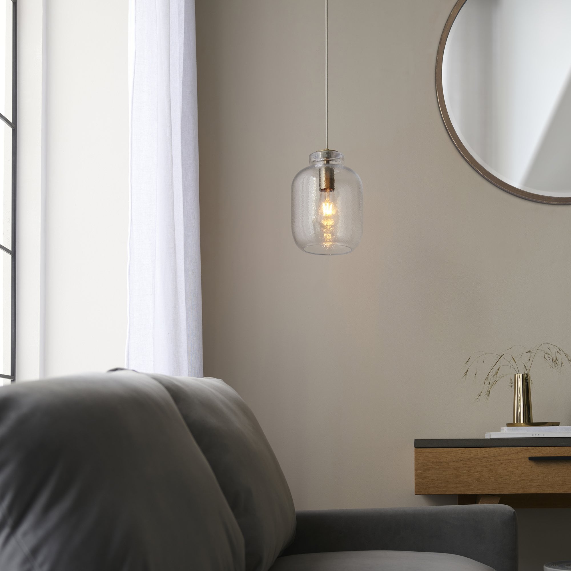 Endon Lyra Single Pendant - Clear textured Glass & Antique Brass Plate