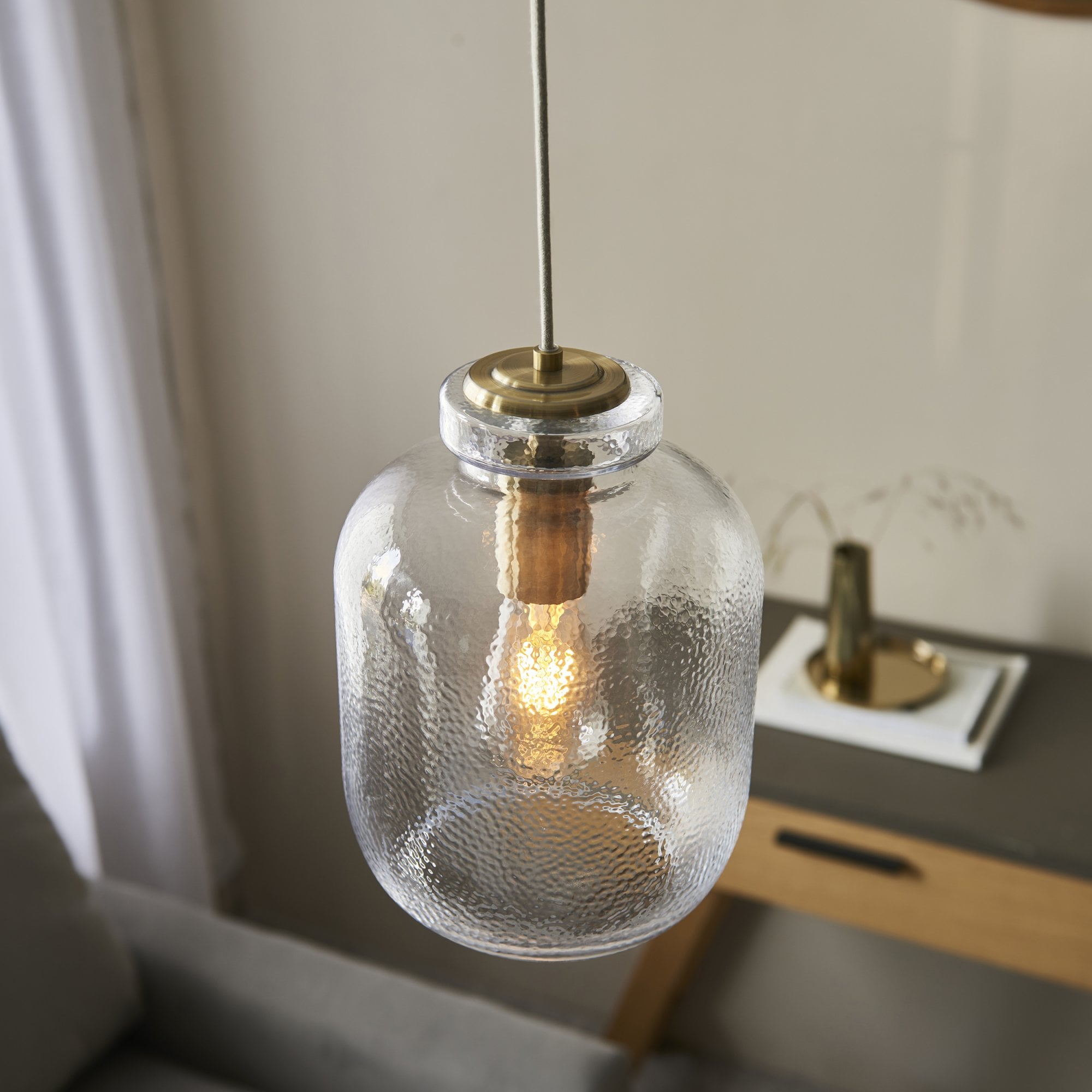 Endon Lyra Single Pendant - Clear textured Glass & Antique Brass Plate