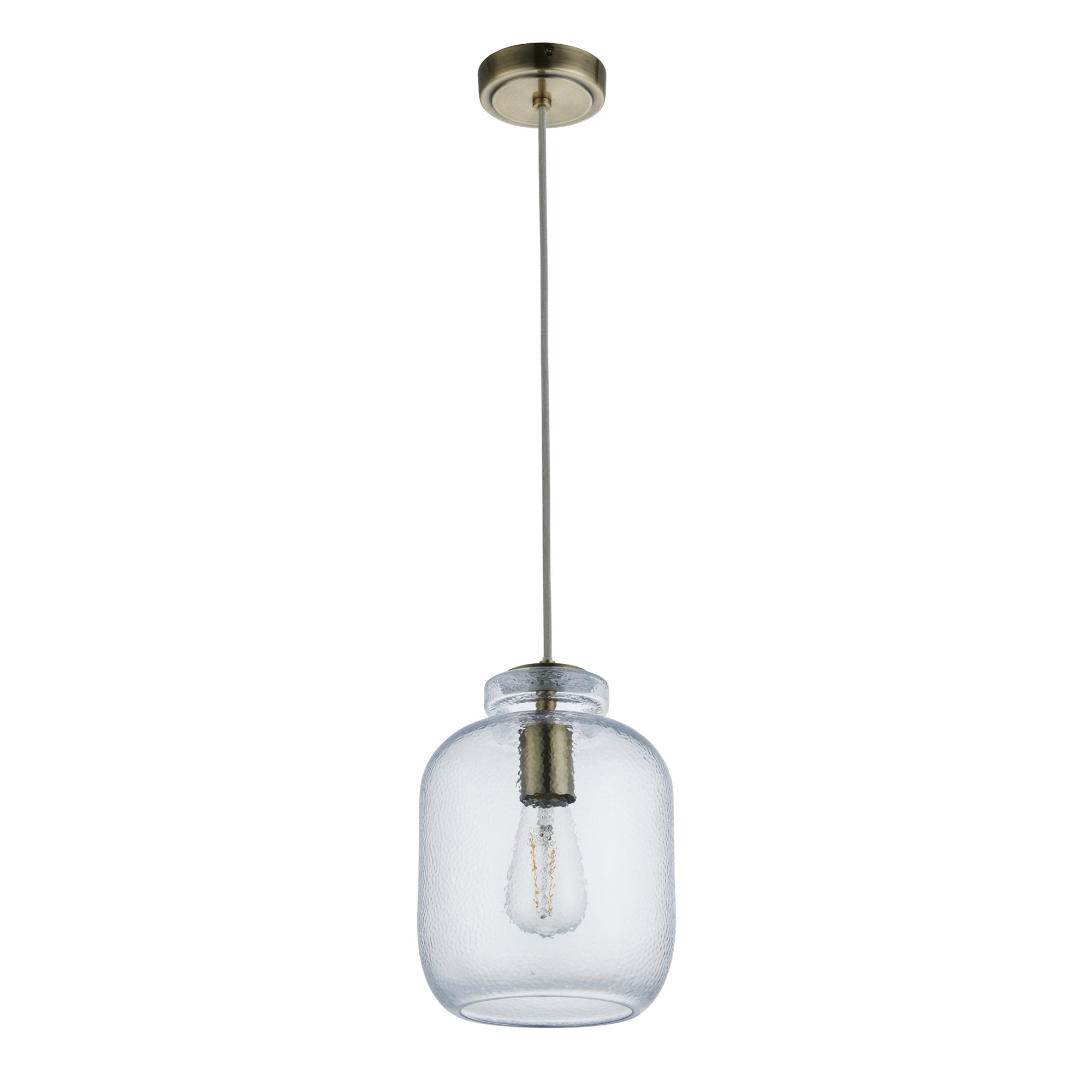 Endon Lyra Single Pendant - Clear textured Glass & Antique Brass Plate