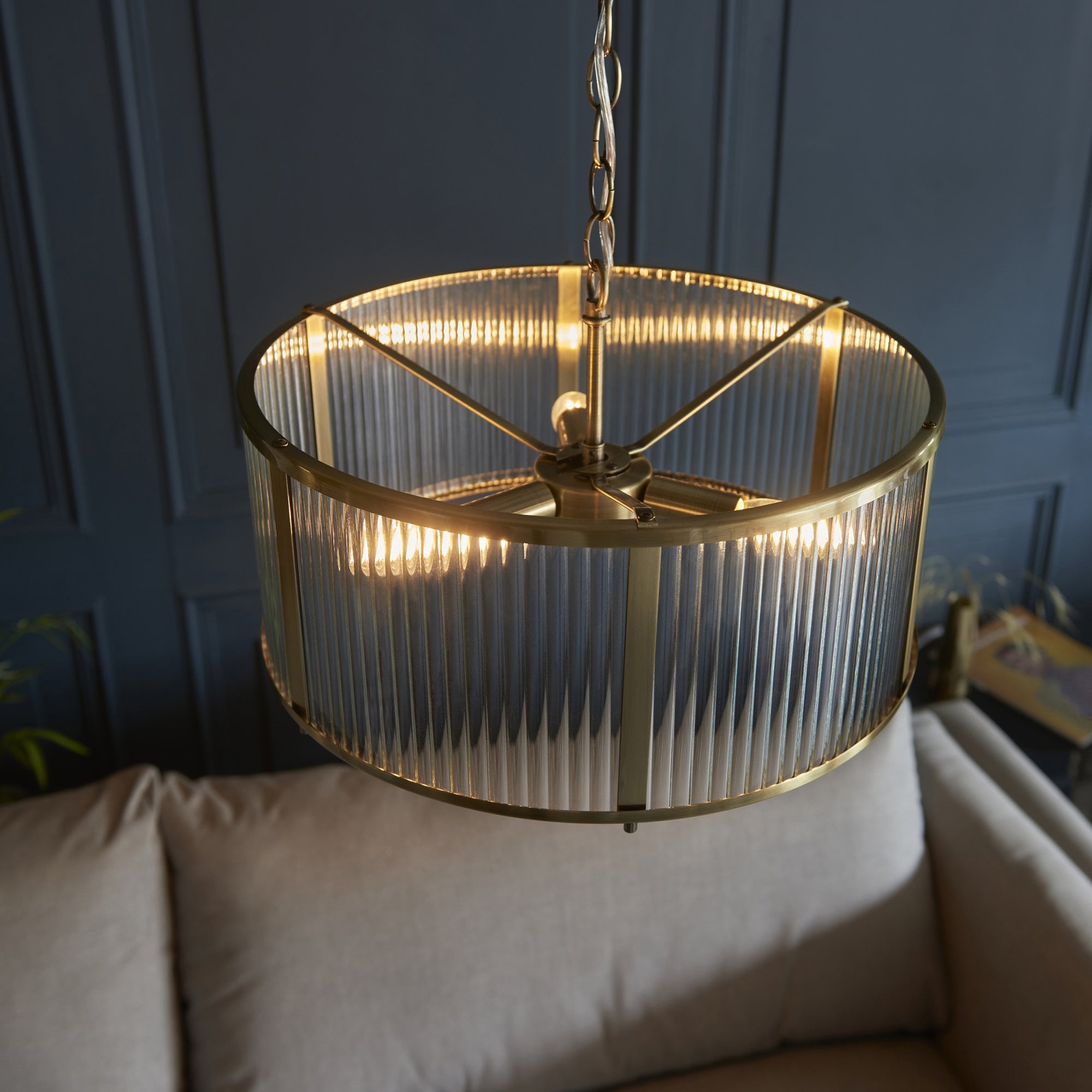 Endon Ridgeton 3 Light Pendant - Antique Brass Plate & Clear Ribbed Glass
