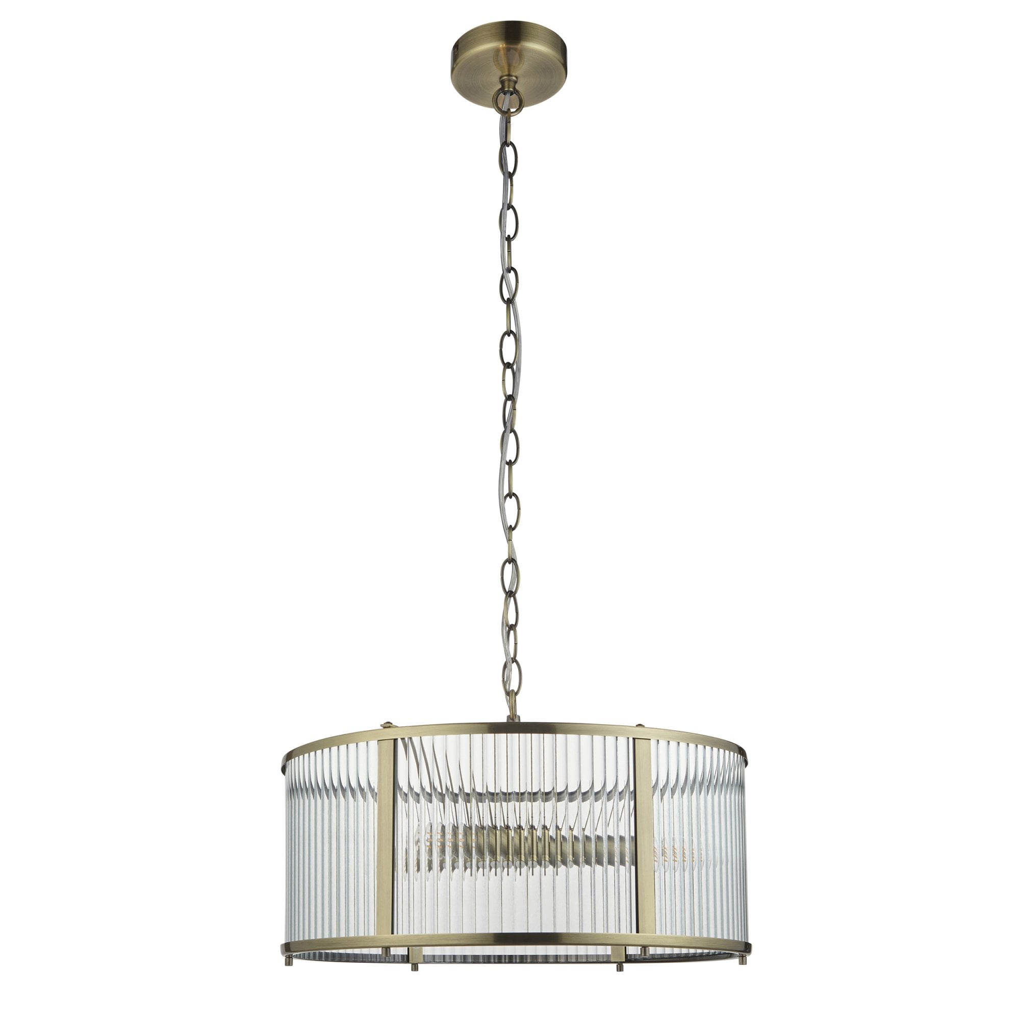 Endon Ridgeton 3 Light Pendant - Antique Brass Plate & Clear Ribbed Glass