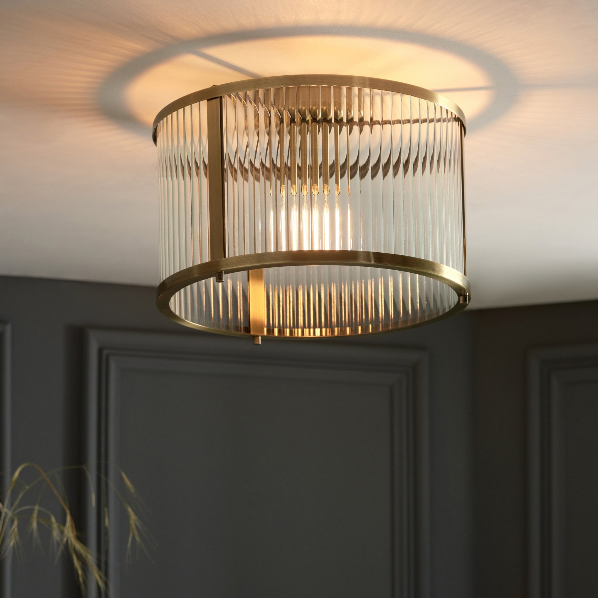 Endon Ridgeton Single Flush Fitting - Antique Brass Plate & Clear Ribbed Glass