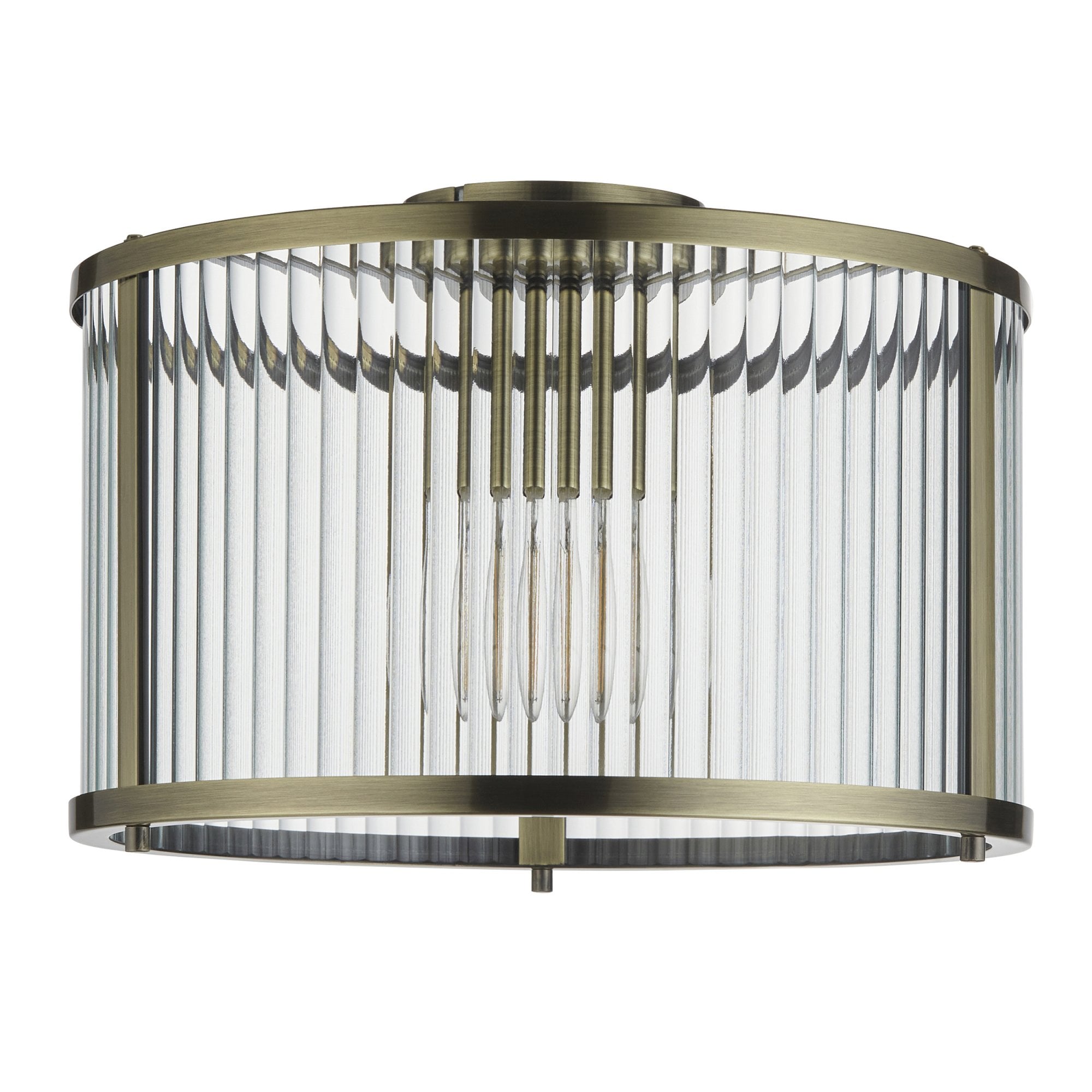 Endon Ridgeton Single Flush Fitting - Antique Brass Plate & Clear Ribbed Glass