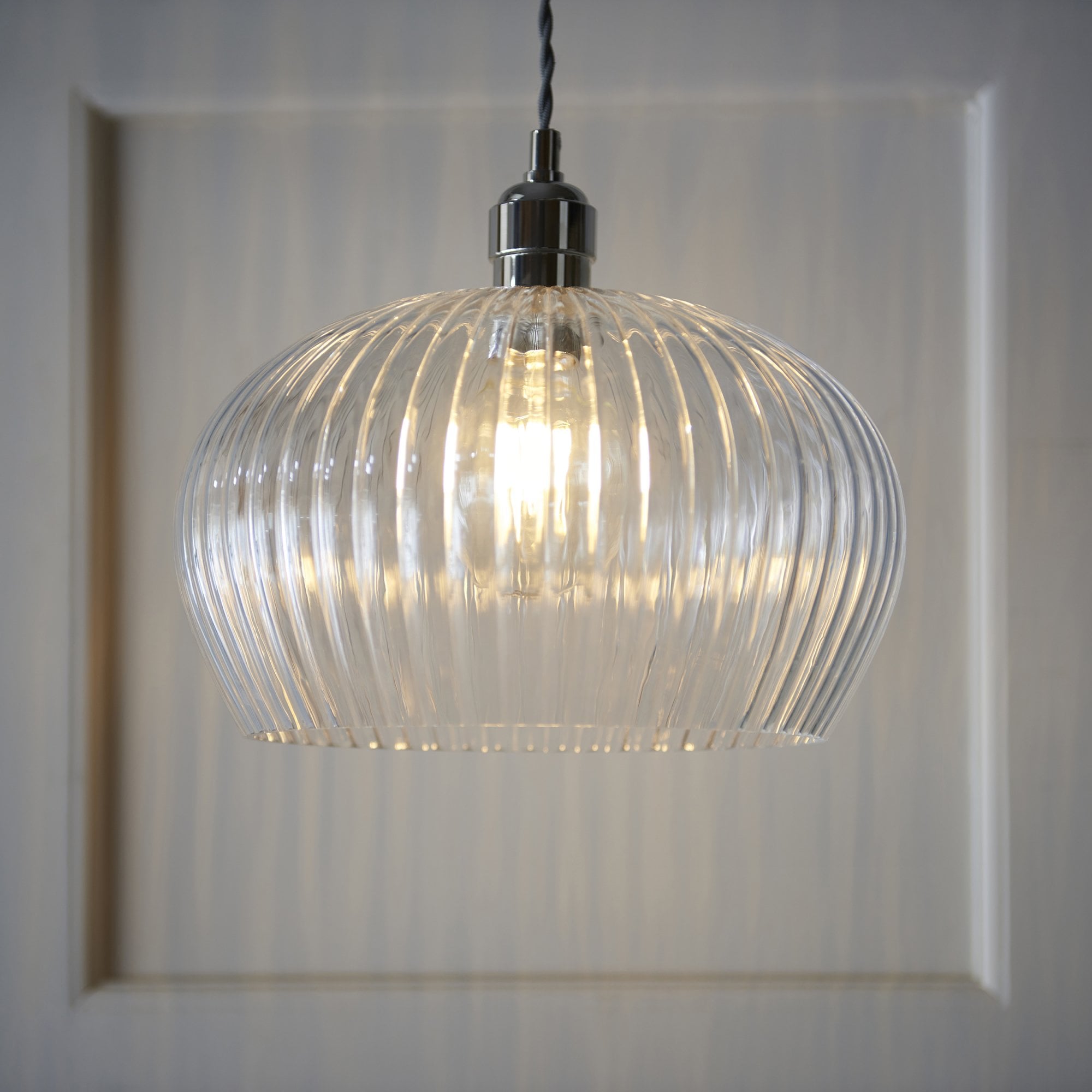 Utopia Finesse Medium Single Pendant - Bright Nickel Plate & Clear Ribbed Glass
