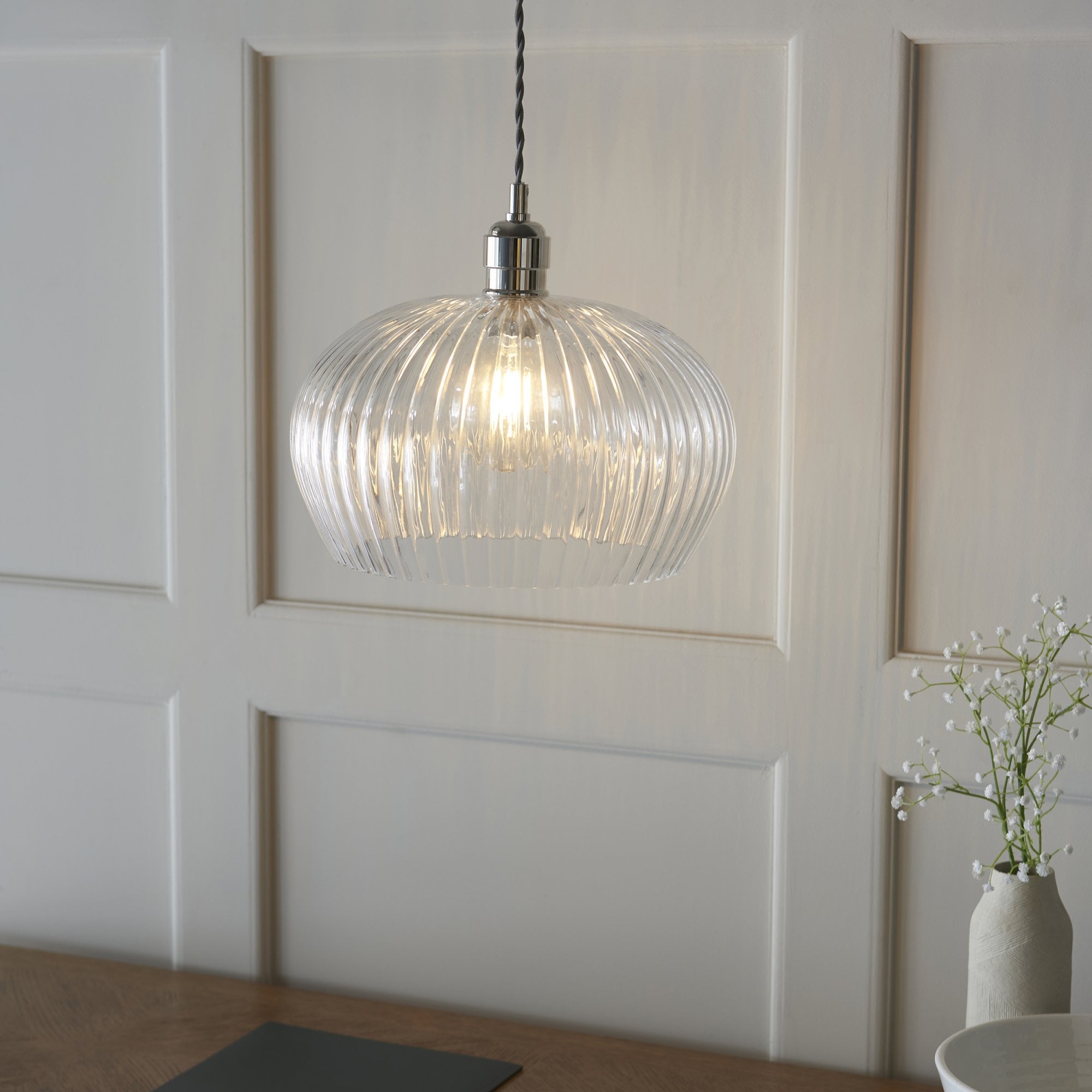 Utopia Finesse Medium Single Pendant - Bright Nickel Plate & Clear Ribbed Glass