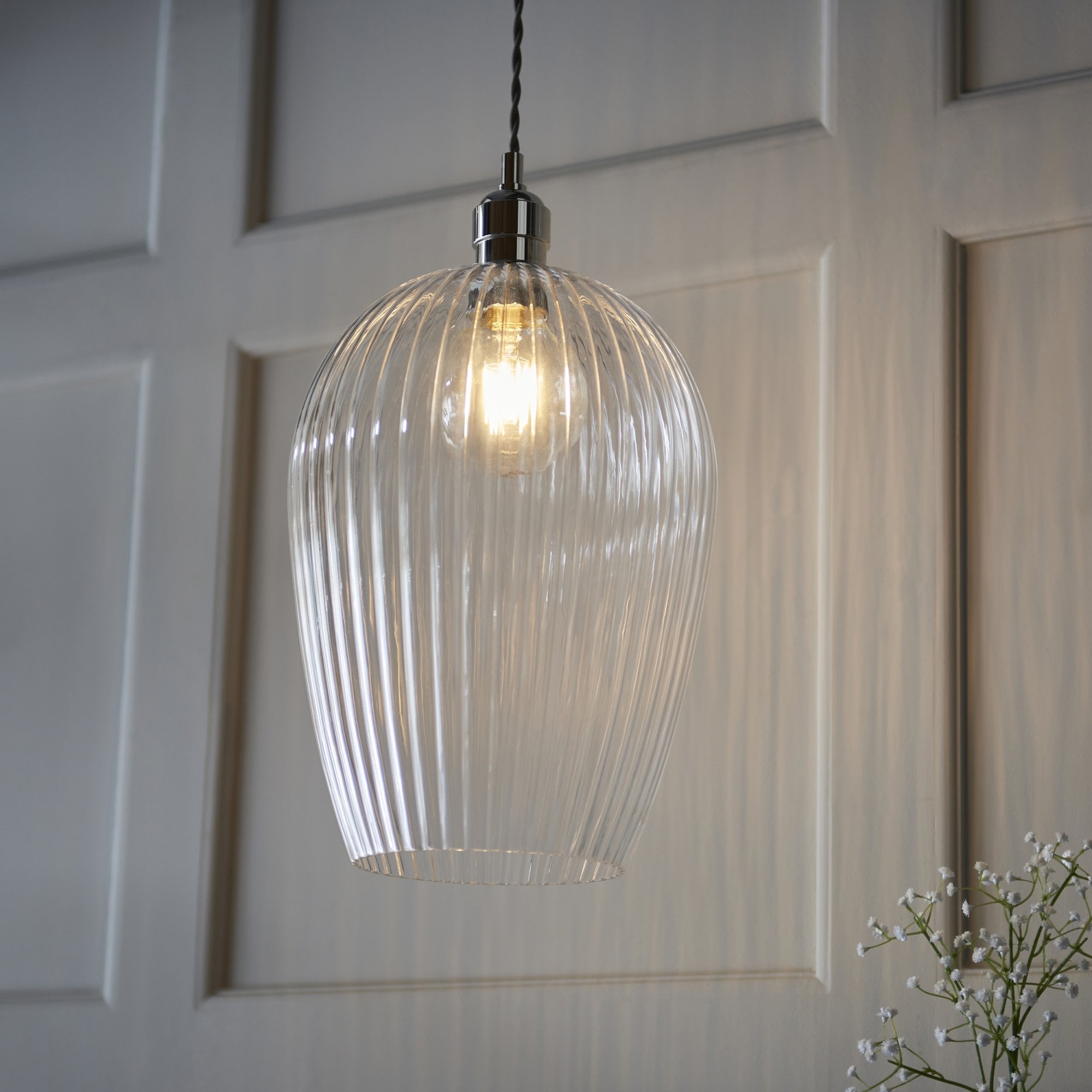 Utopia Finesse Large Single Pendant - Bright Nickel Plate & Clear Ribbed Glass