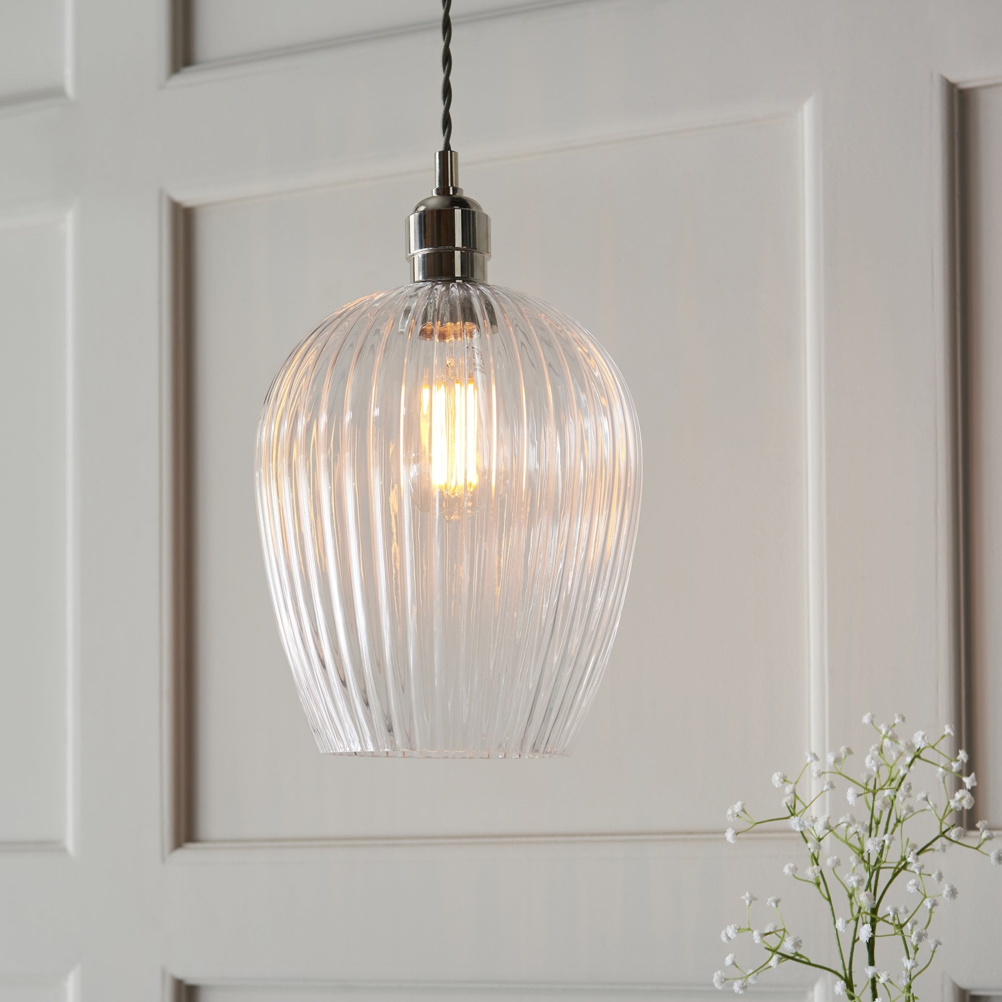 Utopia Finesse Small Single Pendant - Bright Nickel Plate & Clear Ribbed Glass