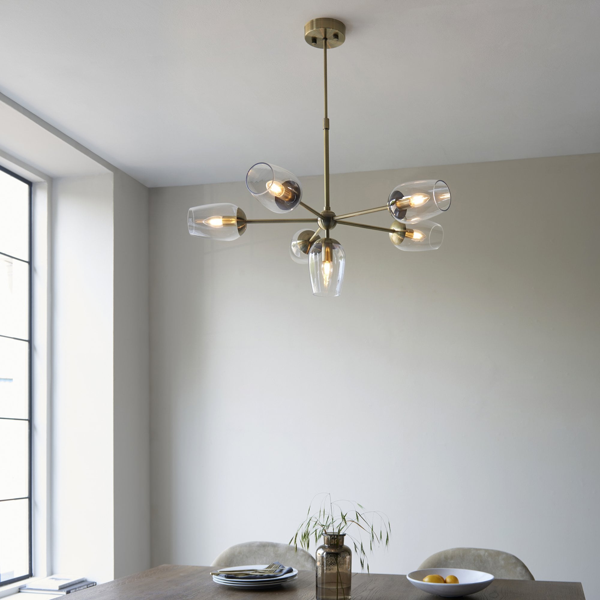 Endon Walton 6 Light Adjustable Pendant - Antique Brass Plate & Clear Glass