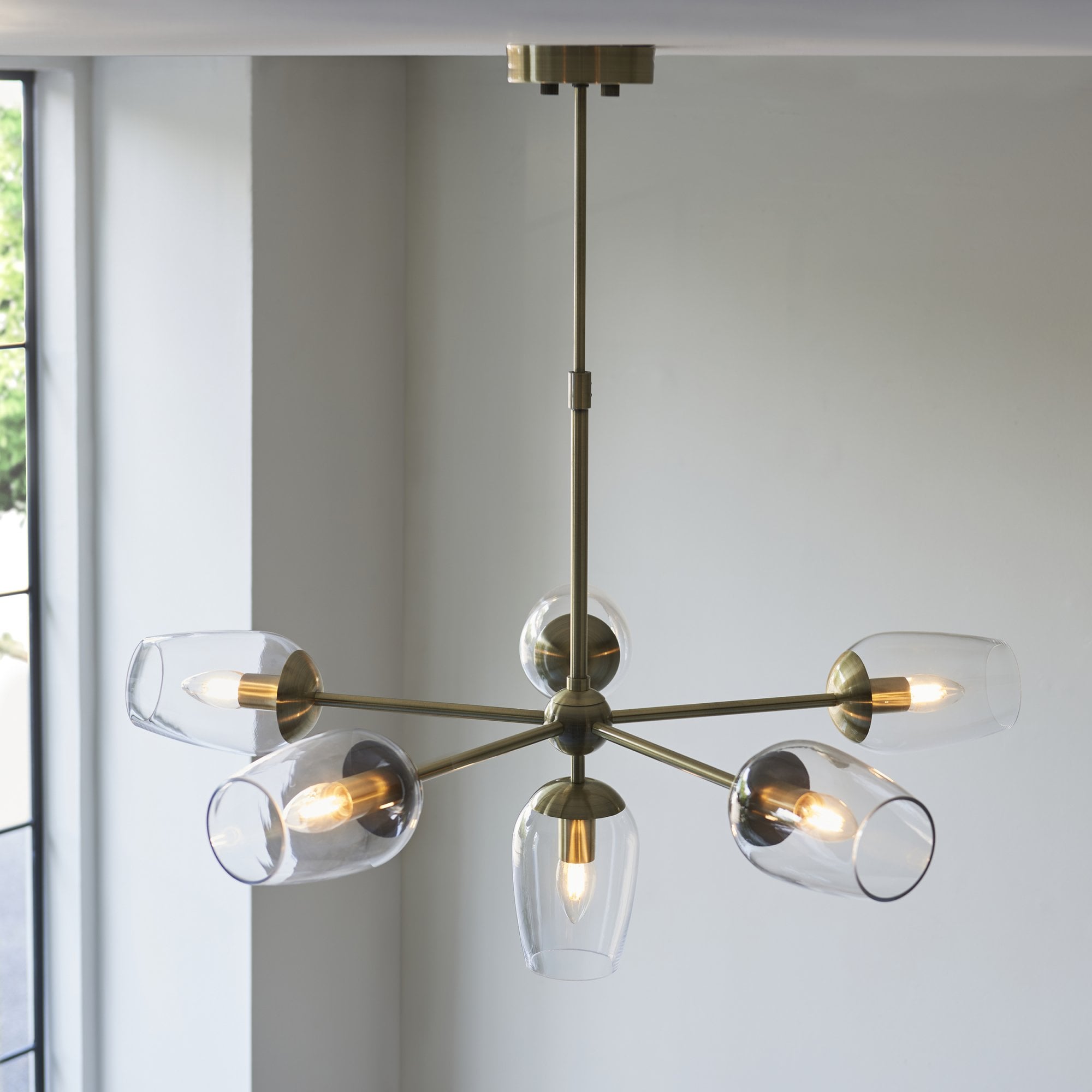 Endon Walton 6 Light Adjustable Pendant - Antique Brass Plate & Clear Glass