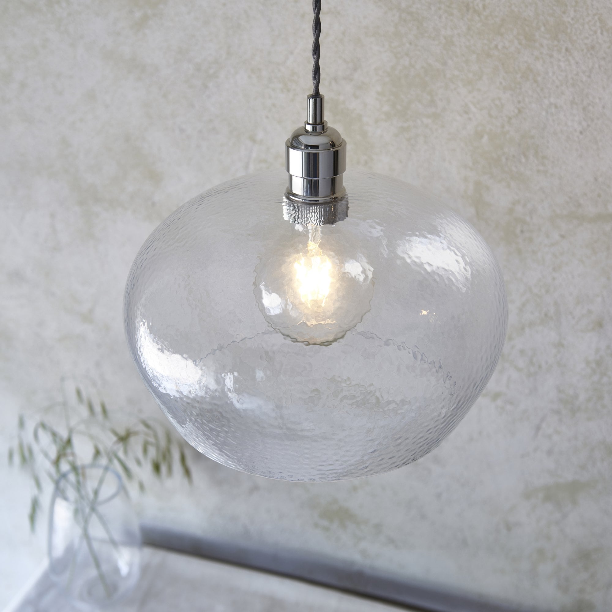 Utopia Finesse Medium Single Pendant - Bright Nickel Plate & Clear Hammered Glass