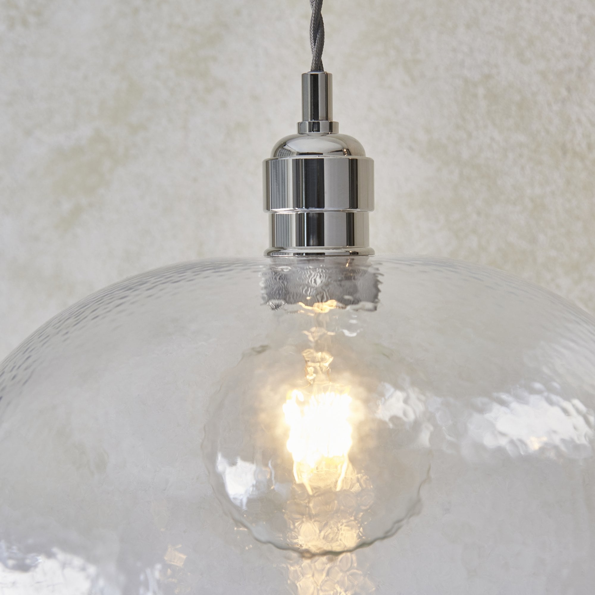 Utopia Finesse Medium Single Pendant - Bright Nickel Plate & Clear Hammered Glass