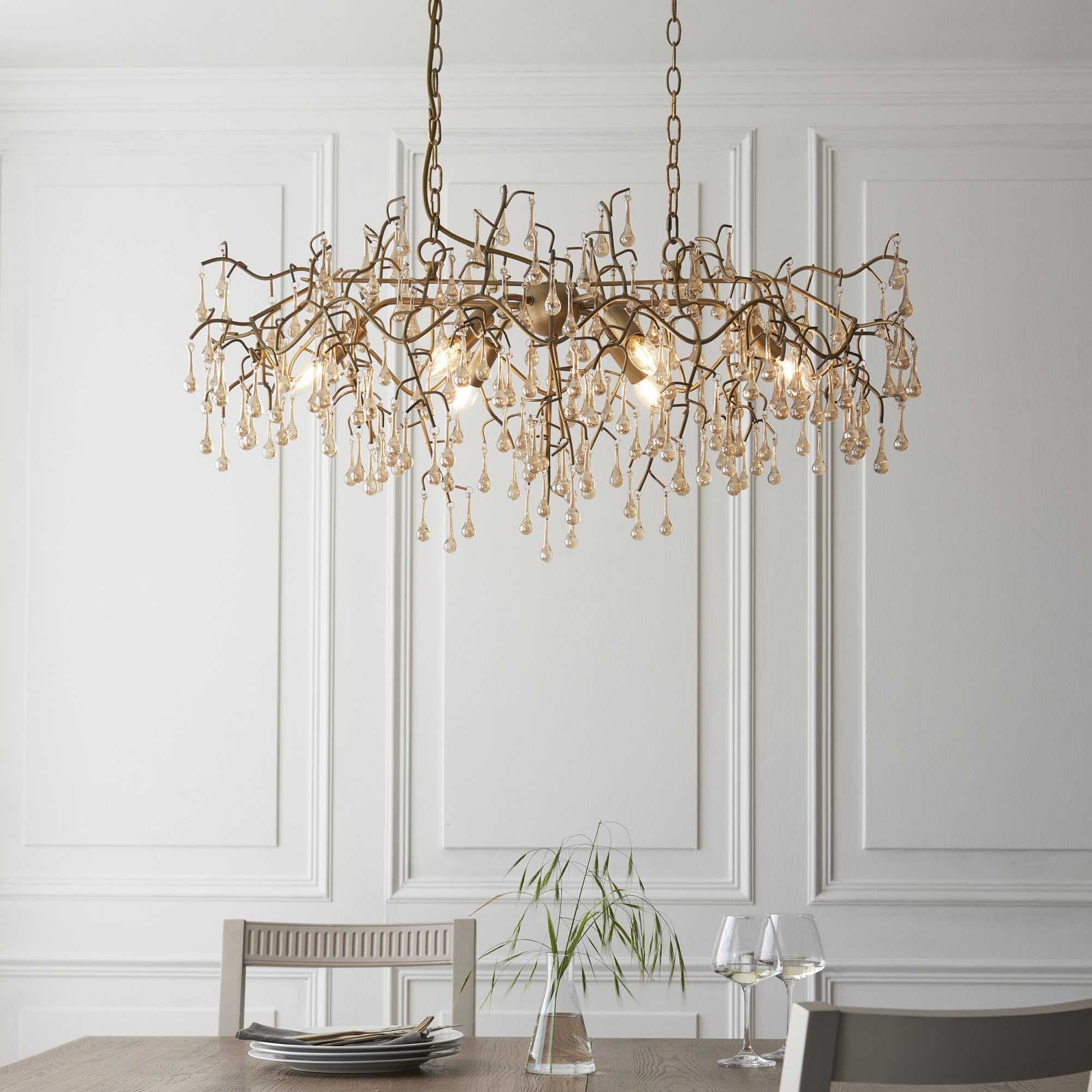 Utopia Drip 6 Light Linear Chandelier - Aged Gold Paint & Champagne Lustre Glass