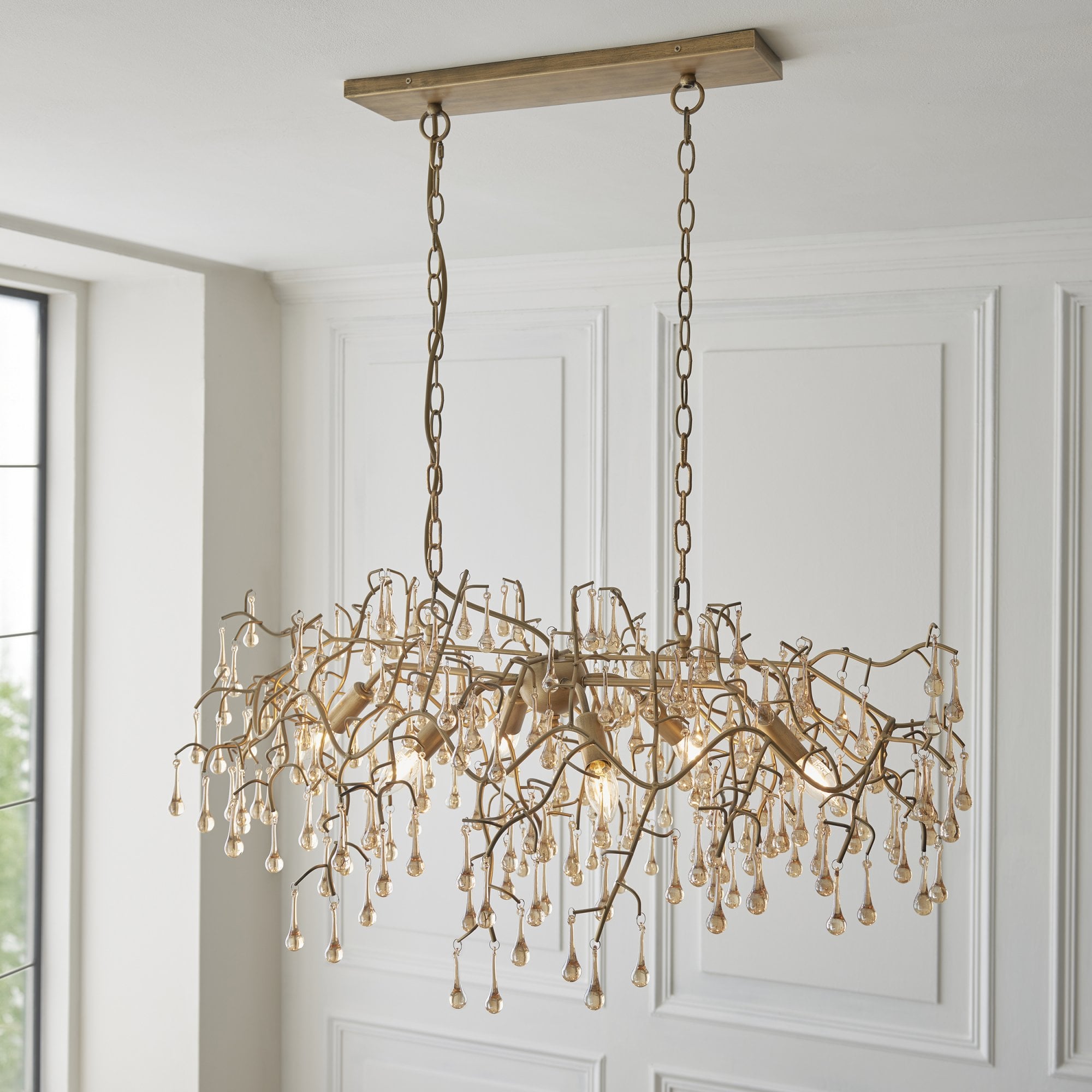 Utopia Drip 6 Light Linear Chandelier - Aged Gold Paint & Champagne Lustre Glass