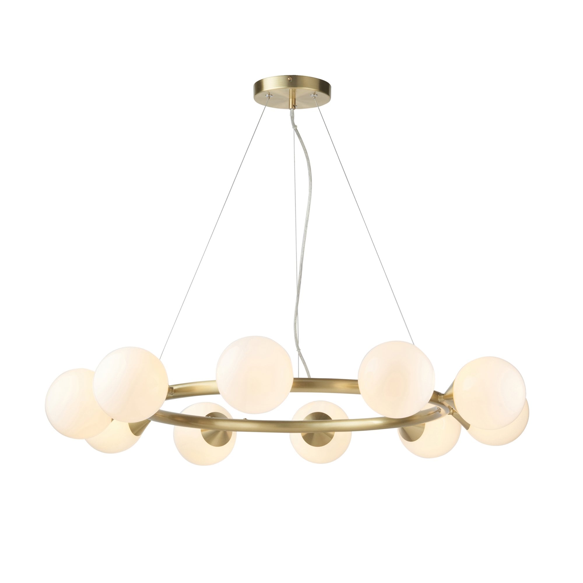 Utopia Lustre 10 Light Ring Pendant - Satin Brass Plate & Gloss White Glass