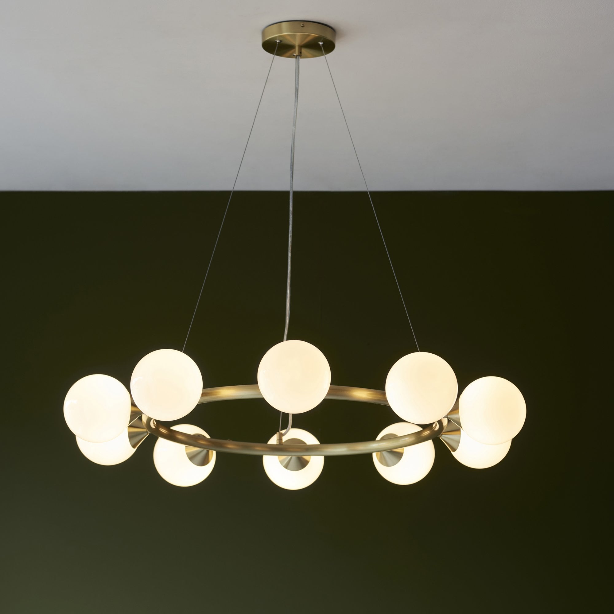 Utopia Lustre 10 Light Ring Pendant - Satin Brass Plate & Gloss White Glass