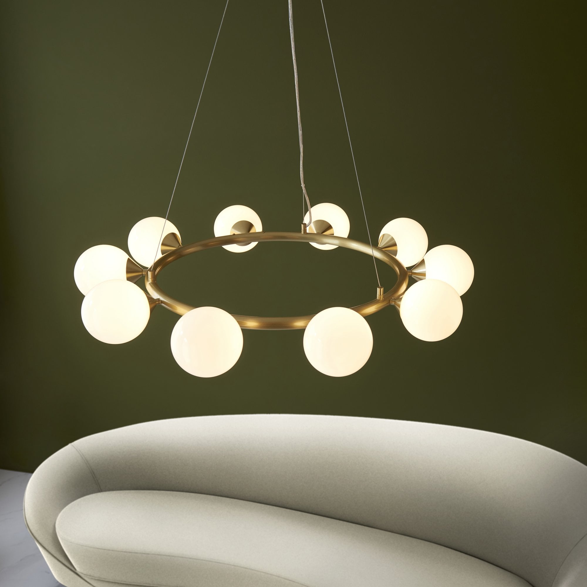 Utopia Lustre 10 Light Ring Pendant - Satin Brass Plate & Gloss White Glass