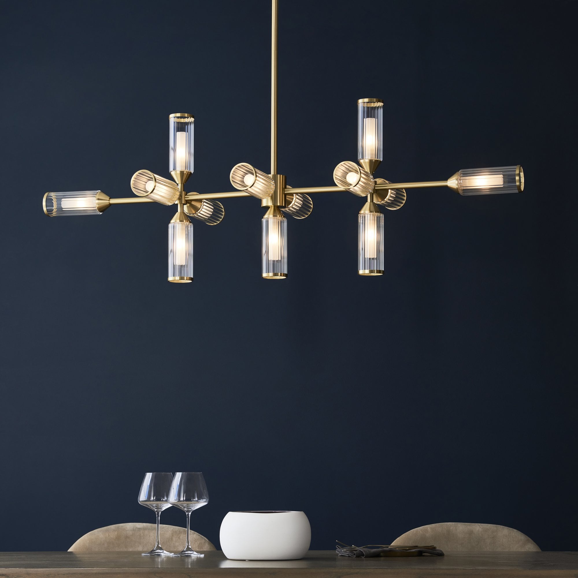 Utopia Matrix 13 Light Linear Pendant - Satin Brass Plate with Clear & Frosted Glass