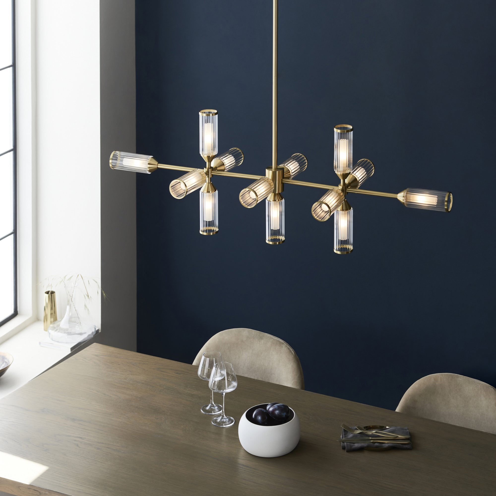 Utopia Matrix 13 Light Linear Pendant - Satin Brass Plate with Clear & Frosted Glass
