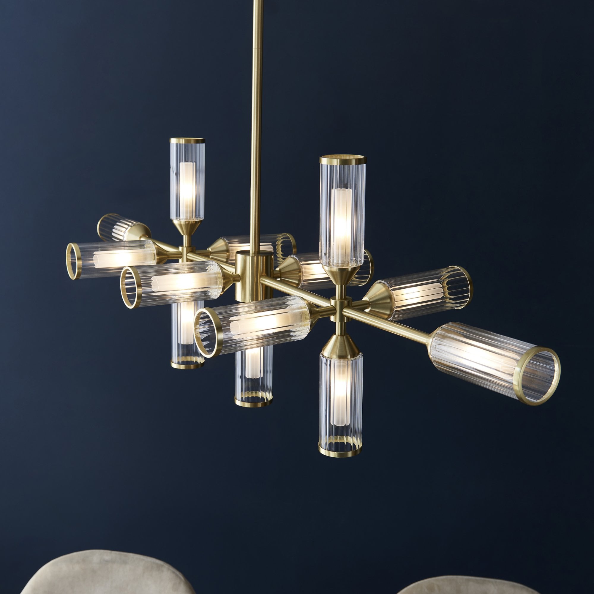 Utopia Matrix 13 Light Linear Pendant - Satin Brass Plate with Clear & Frosted Glass