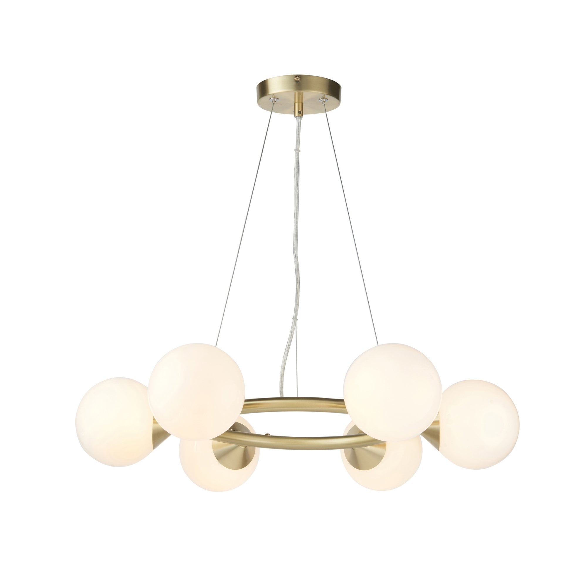 Utopia Lustre 6 Light Ring Pendant - Satin Brass Plate & Gloss White Glass