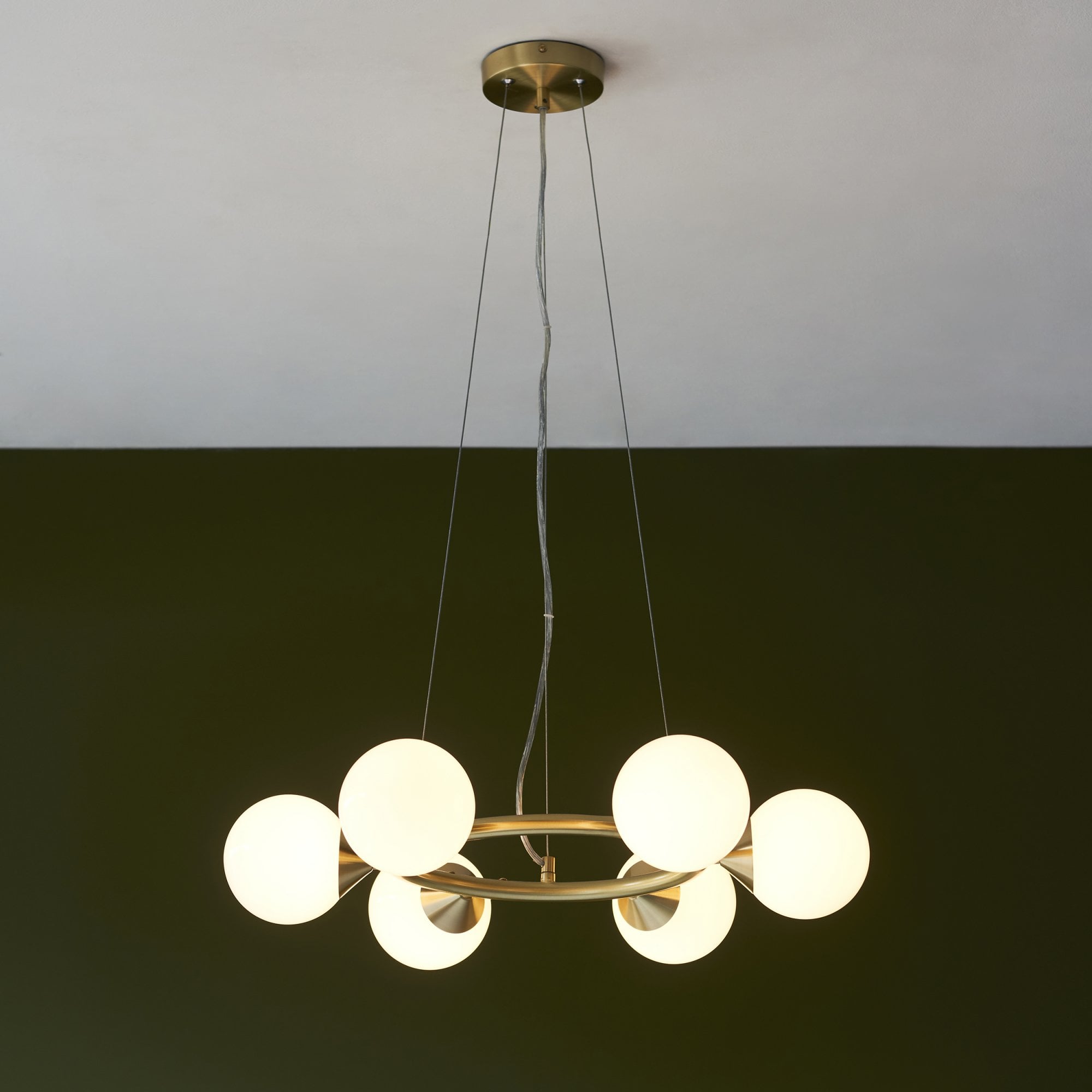 Utopia Lustre 6 Light Ring Pendant - Satin Brass Plate & Gloss White Glass