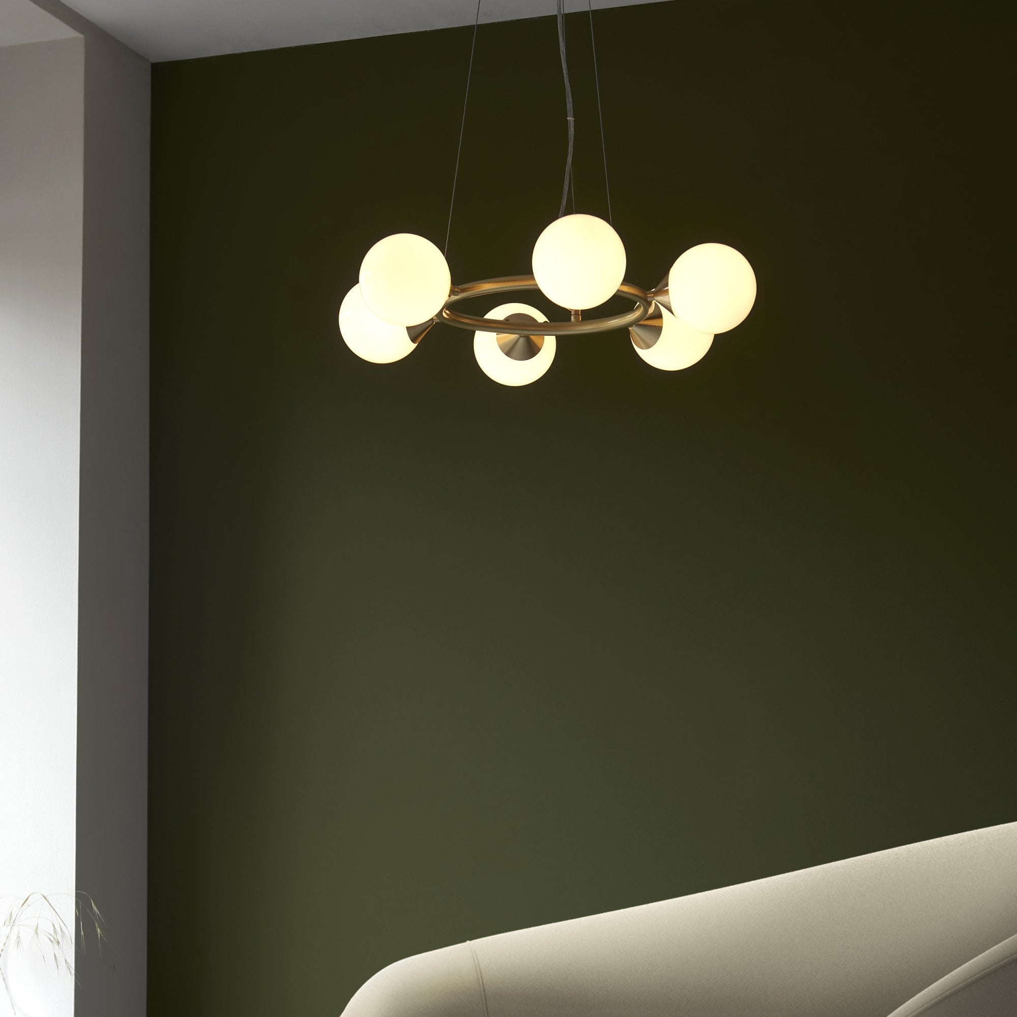 Utopia Lustre 6 Light Ring Pendant - Satin Brass Plate & Gloss White Glass