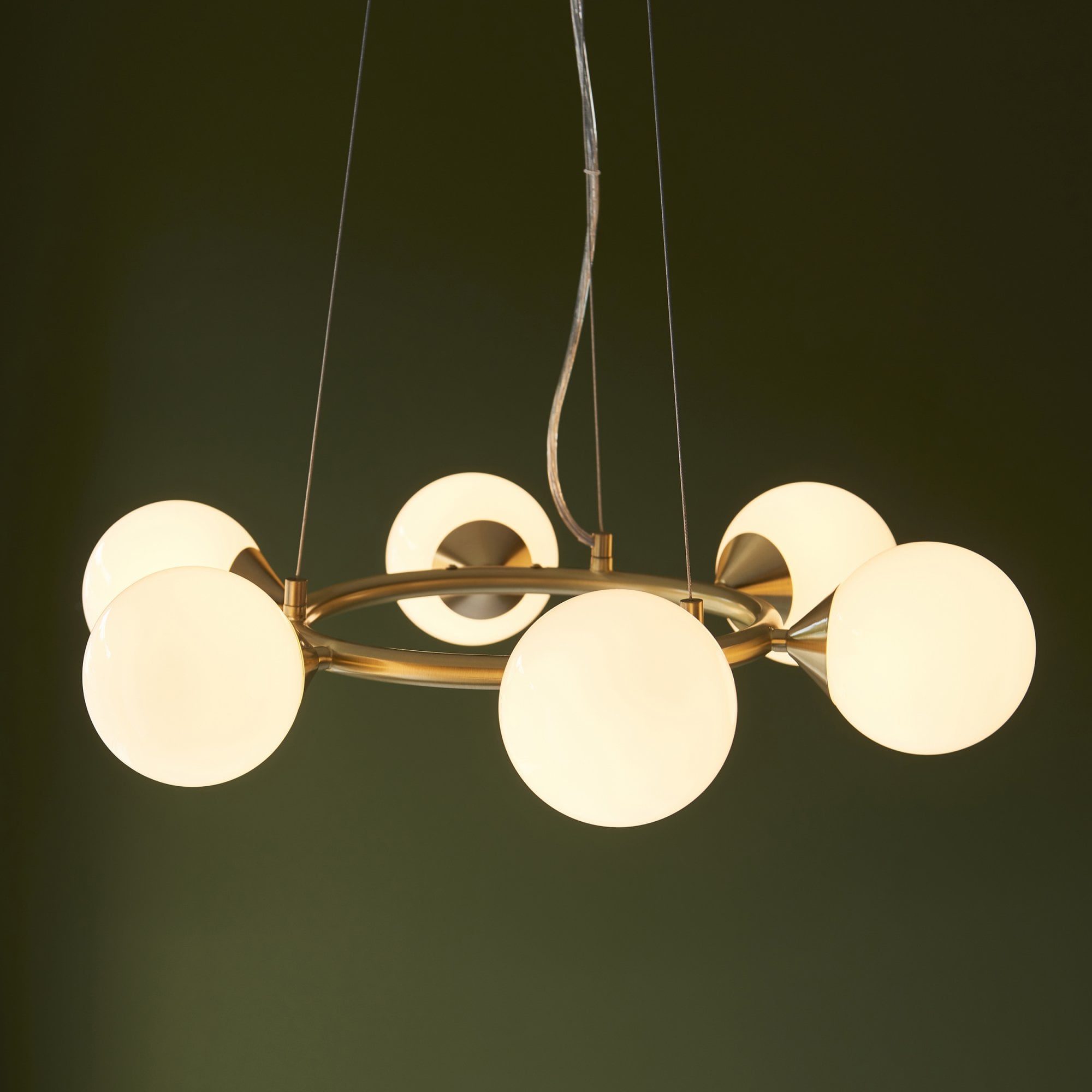 Utopia Lustre 6 Light Ring Pendant - Satin Brass Plate & Gloss White Glass