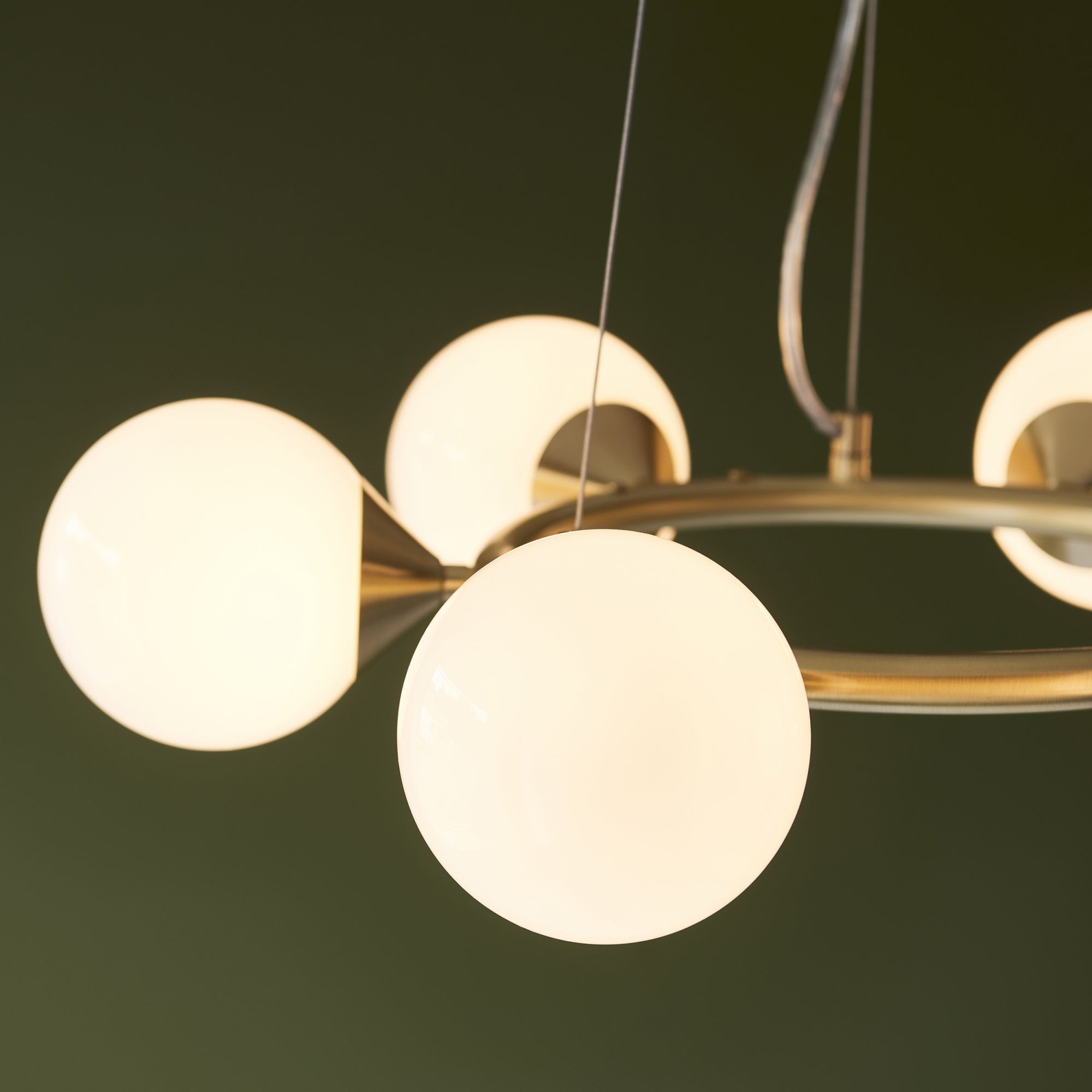Utopia Lustre 6 Light Ring Pendant - Satin Brass Plate & Gloss White Glass