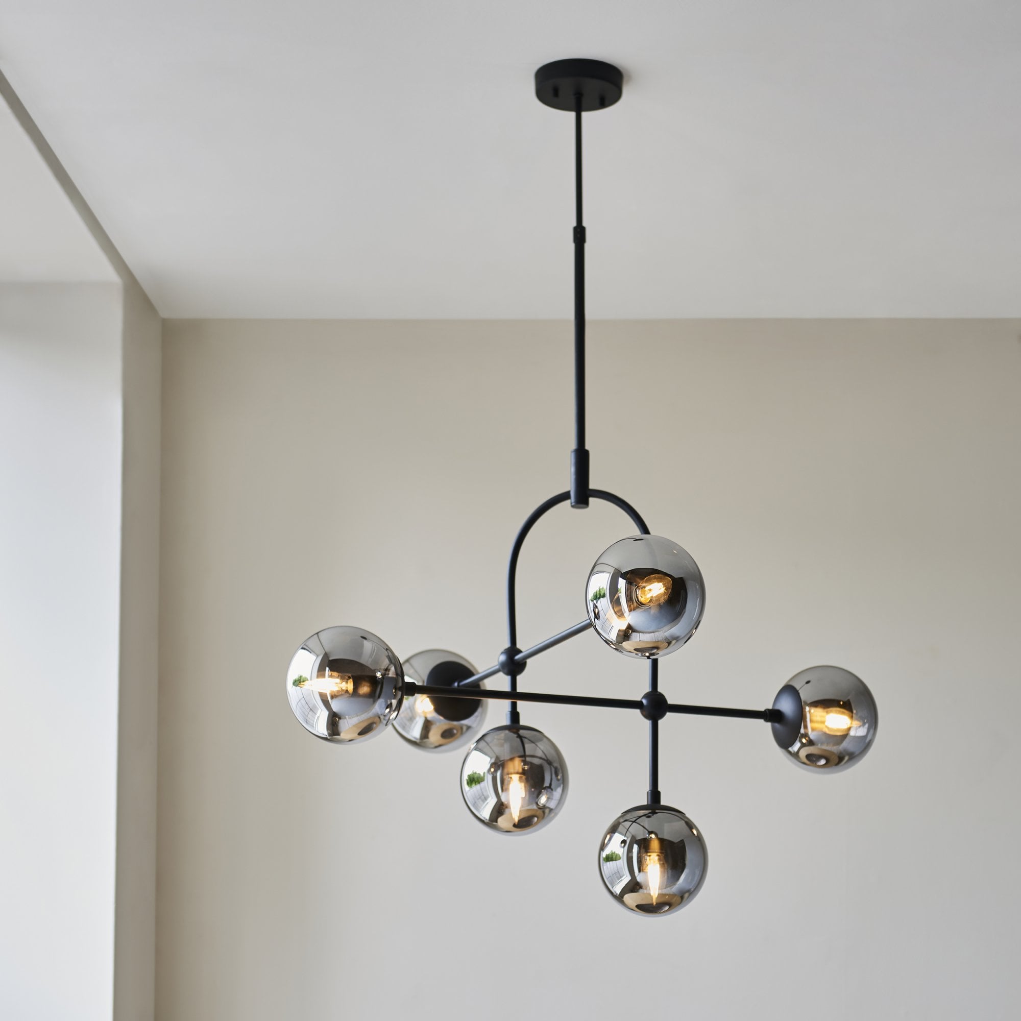 Utopia Sphere 6 Light Semi-Flush Fitting - Matt Black & Smoked Mirror Glass