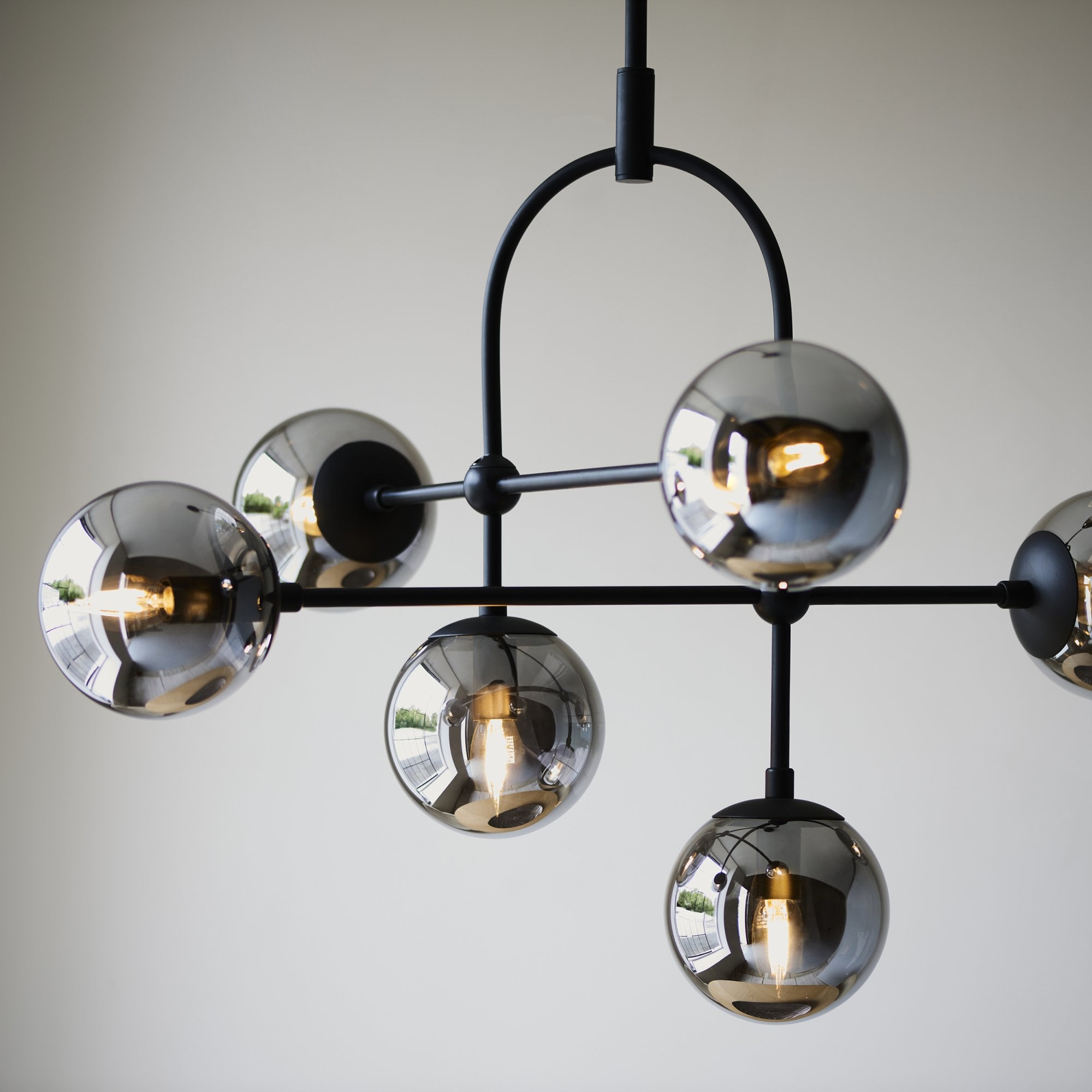 Utopia Sphere 6 Light Semi-Flush Fitting - Matt Black & Smoked Mirror Glass