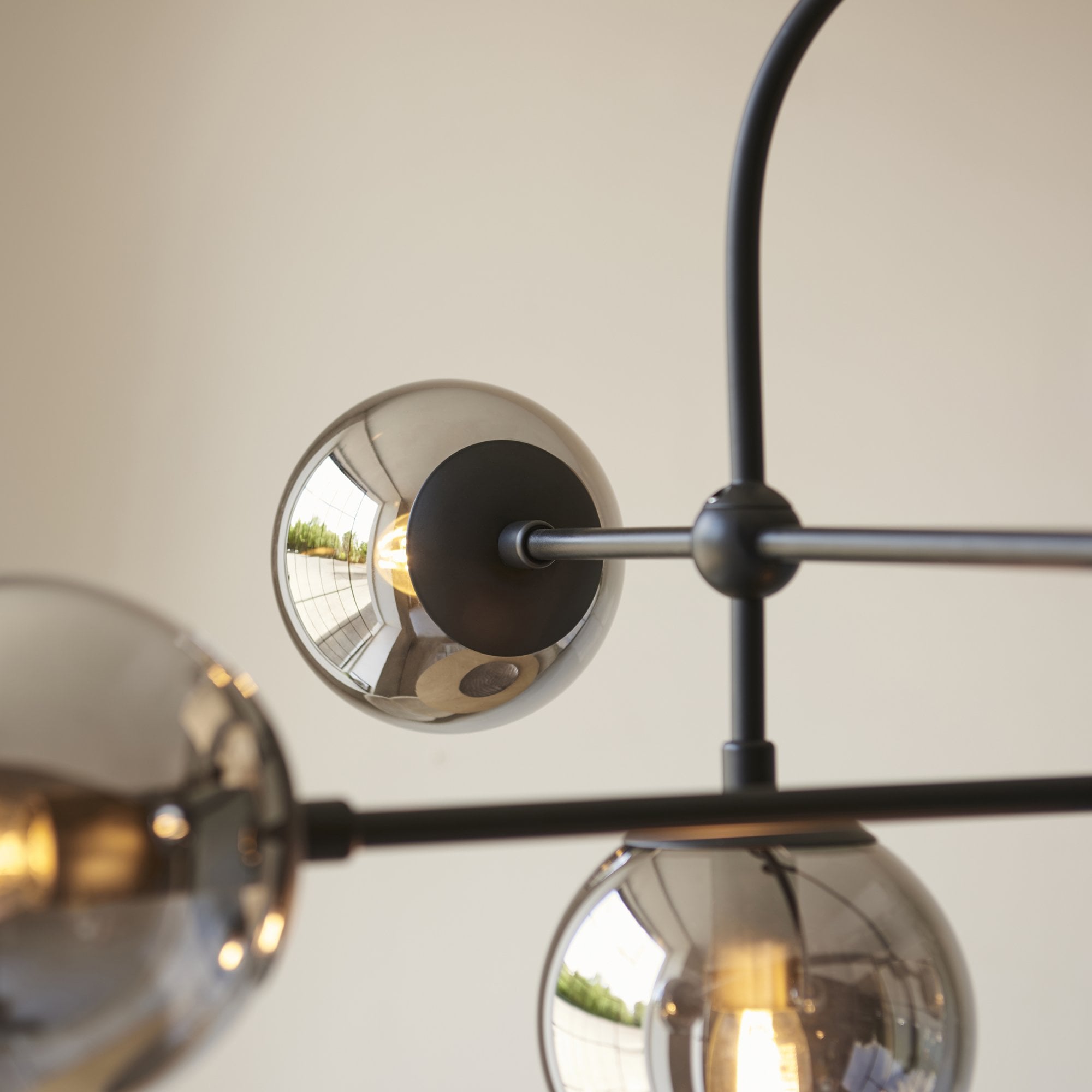 Utopia Sphere 6 Light Semi-Flush Fitting - Matt Black & Smoked Mirror Glass