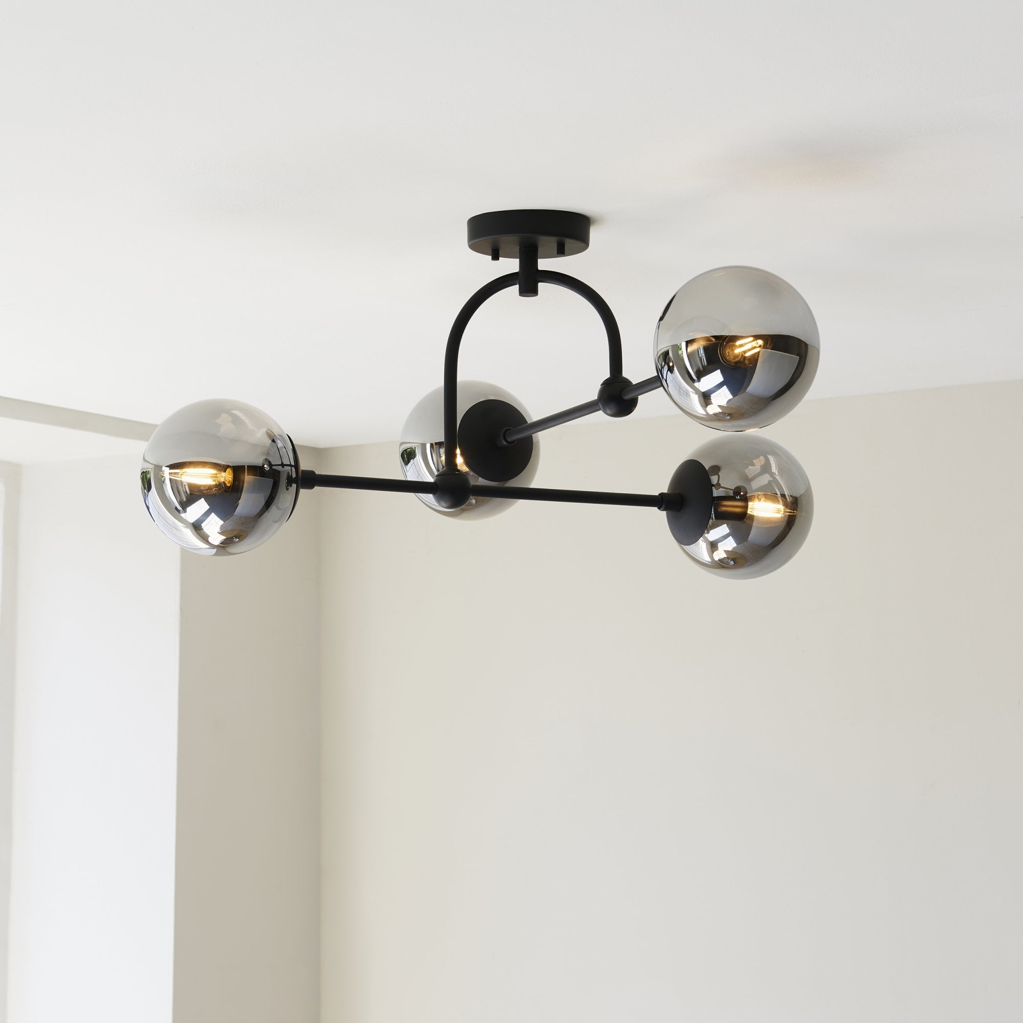 Utopia Sphere 4 Light Semi-Flush Fitting - Matt Black & Smoked Mirror Glass