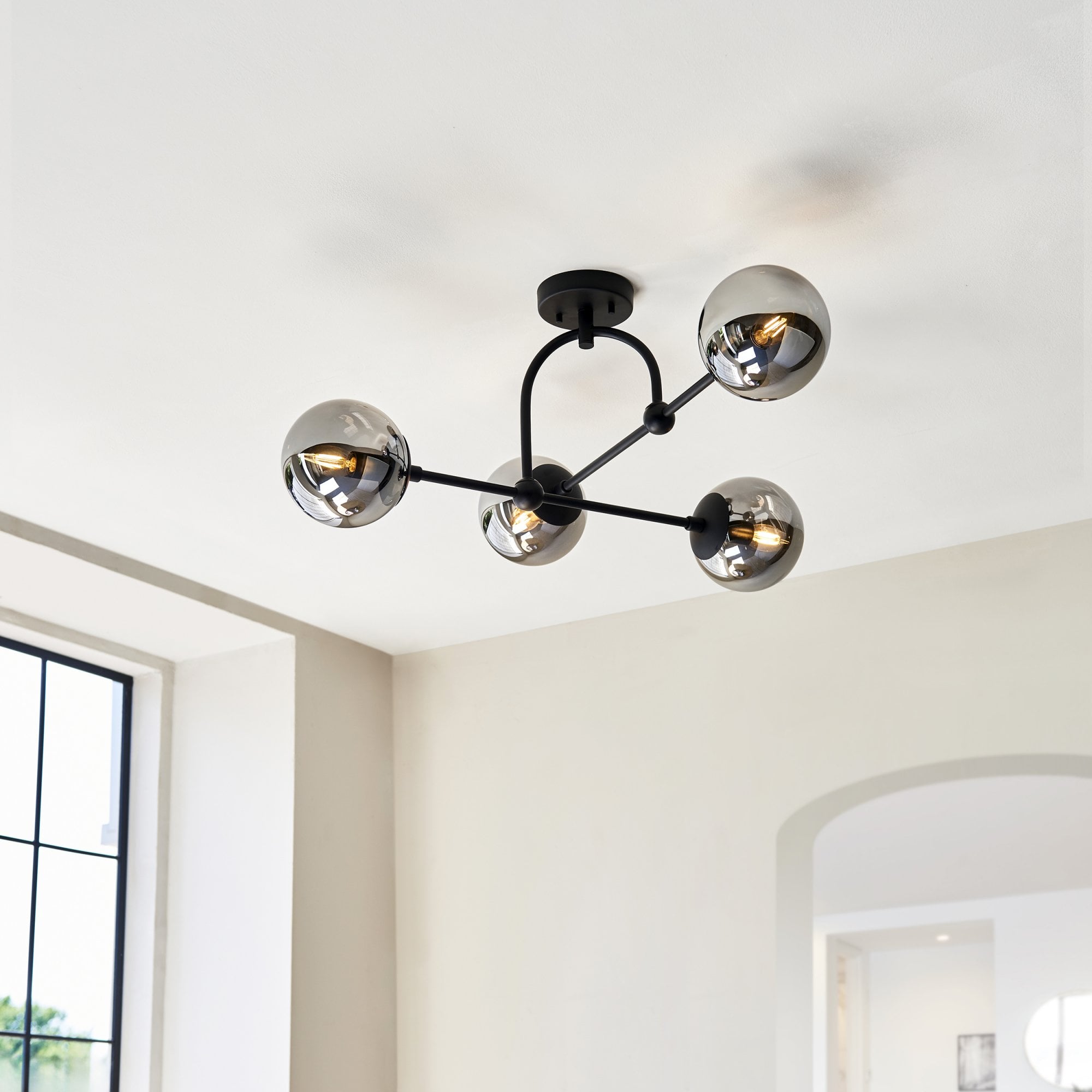 Utopia Sphere 4 Light Semi-Flush Fitting - Matt Black & Smoked Mirror Glass