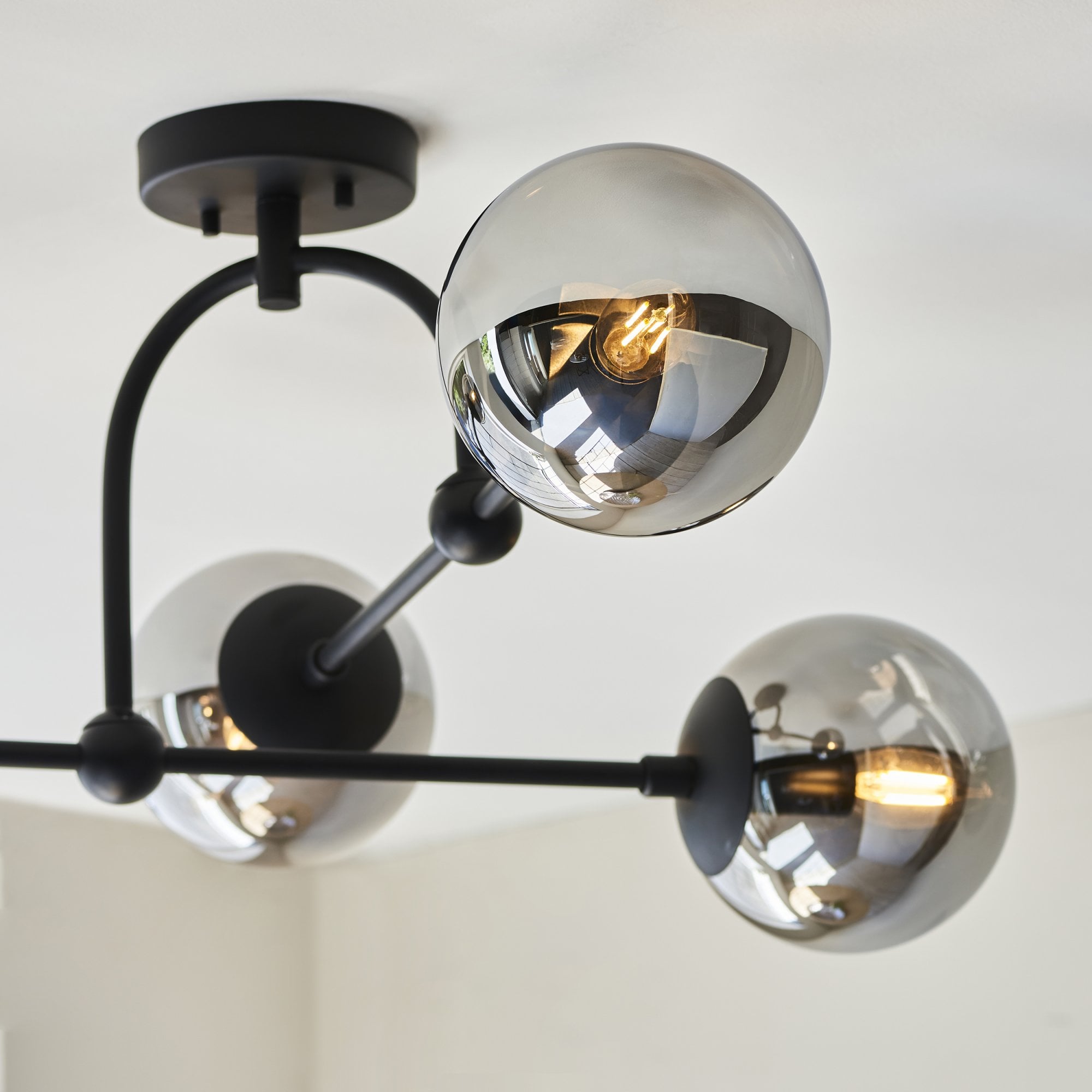 Utopia Sphere 4 Light Semi-Flush Fitting - Matt Black & Smoked Mirror Glass
