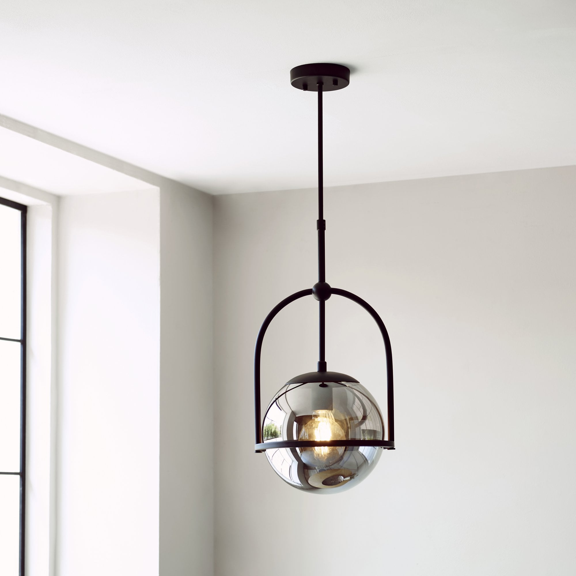 Utopia Sphere Single Pendant - Matt Black & Smoked Mirror Glass